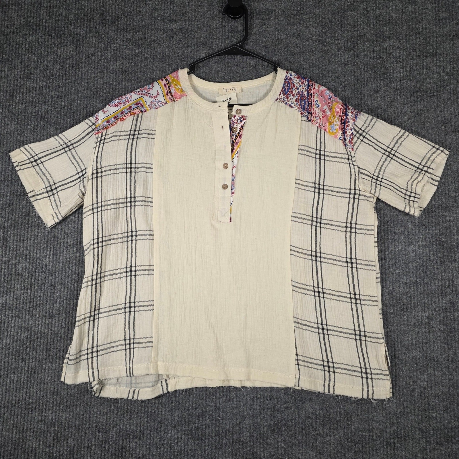NWT Sage + Fig Top Womens Medium Boho Patchwork Plaid Mixed Print Short Sleeve