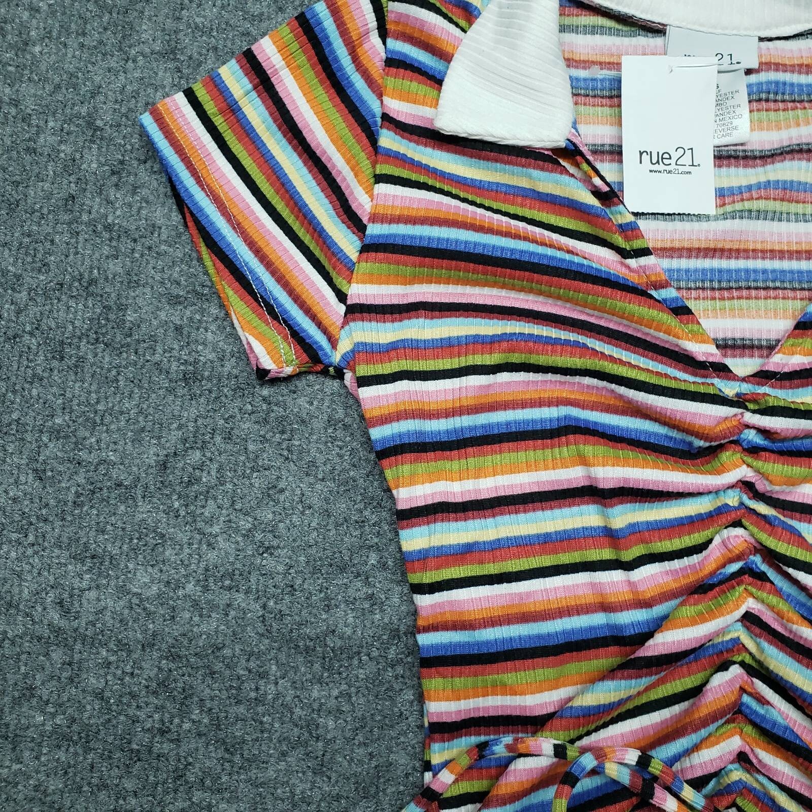 Rue21 Crop Top Womens XS Multicolor Striped Short Sleeve V-Neck Ruched Tie New