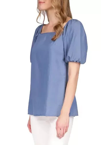 Michael Kors Womens Blue Puff Sleeve Square Chambray Neck Blouse Top Size P/XL