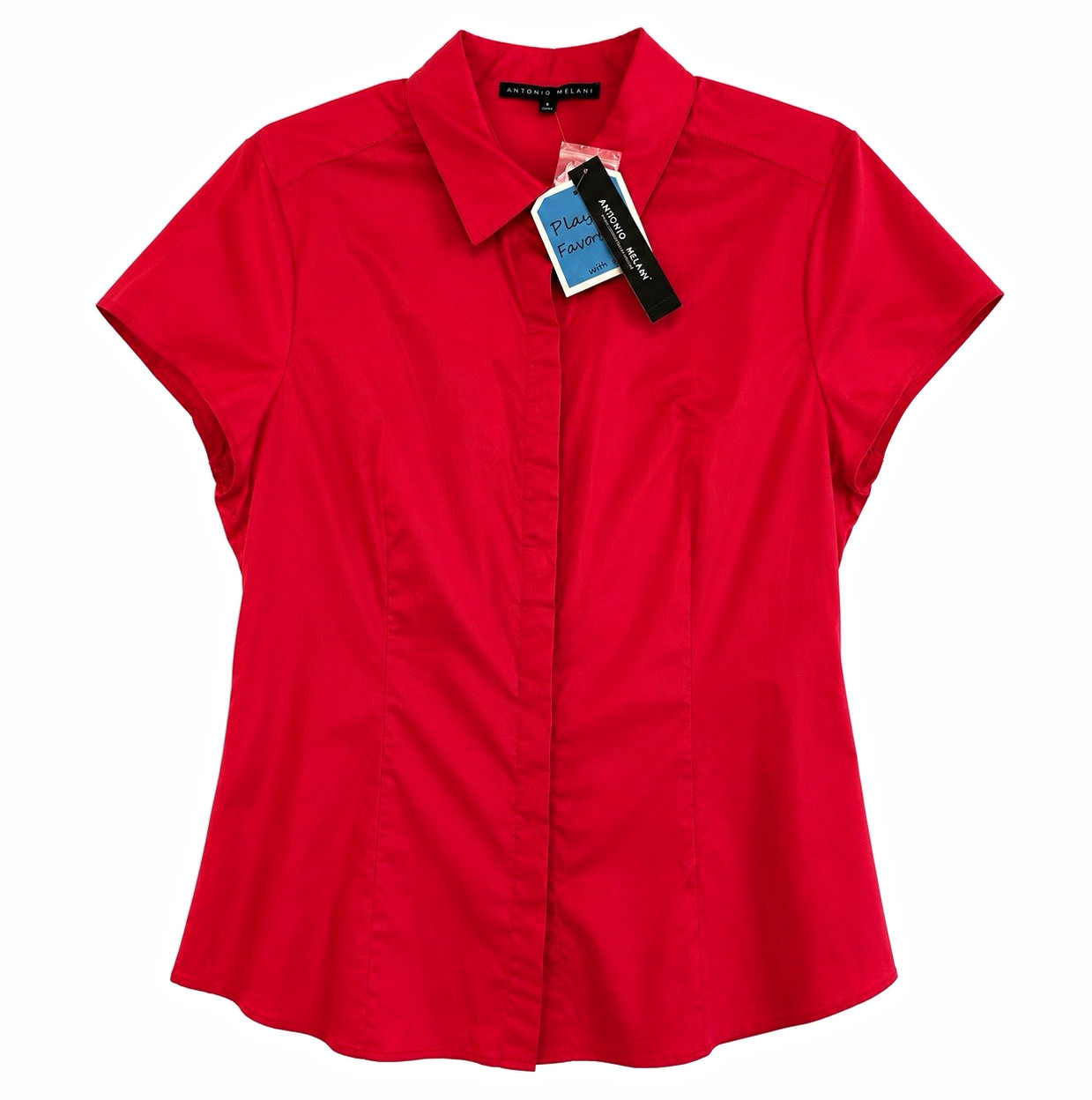Antonio Melani Women’s Fuchsia Solid Button-Front Collared Blouse Short Sleeve L