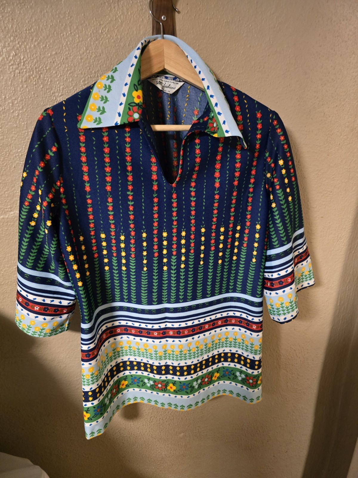 VTG 70s NPC Fashions Floral Tunic Top Mod Hippie Retro 20×28 Medium Large