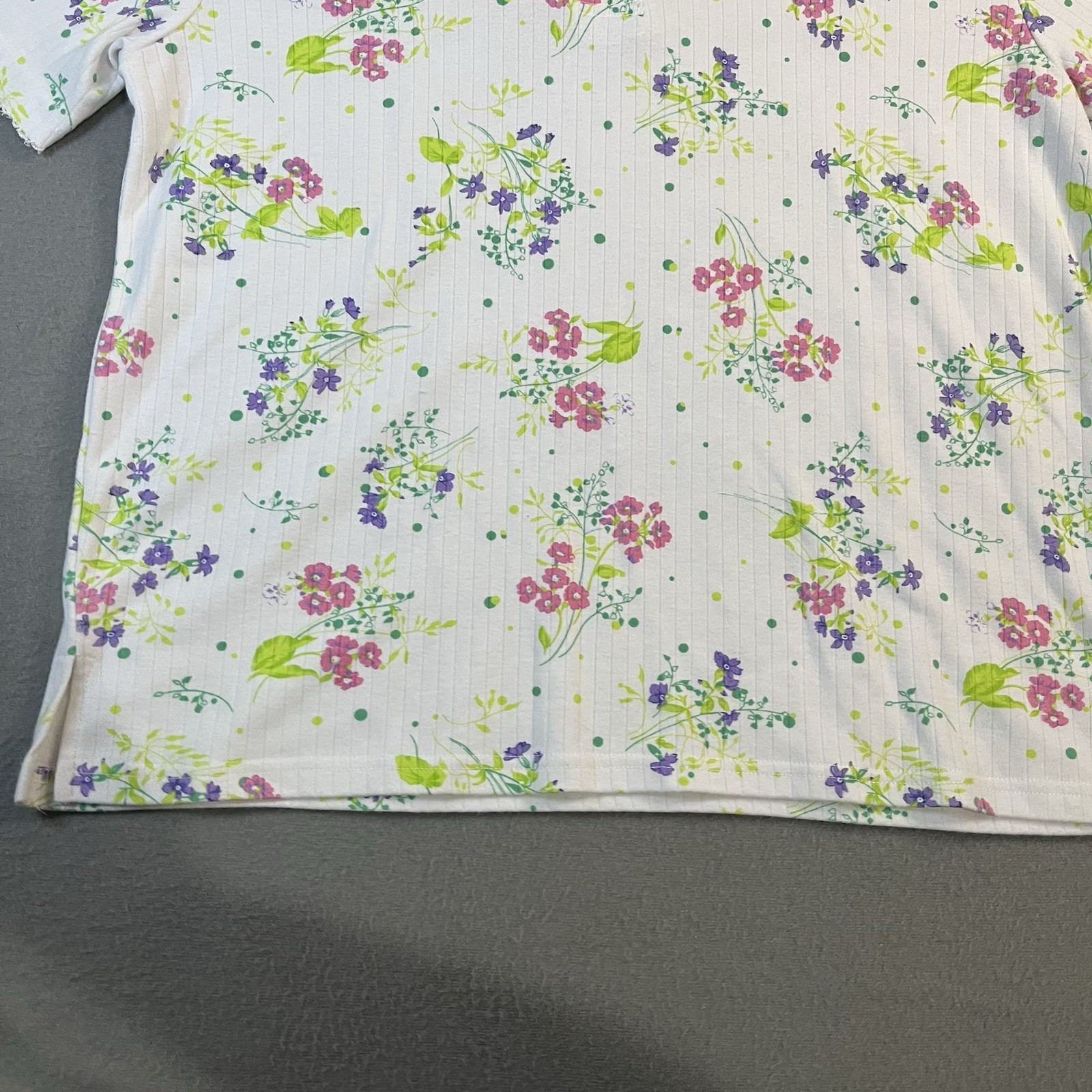 Rebecca Malone Floral Pink Purple Green Cottage Top Womens Size L Henley