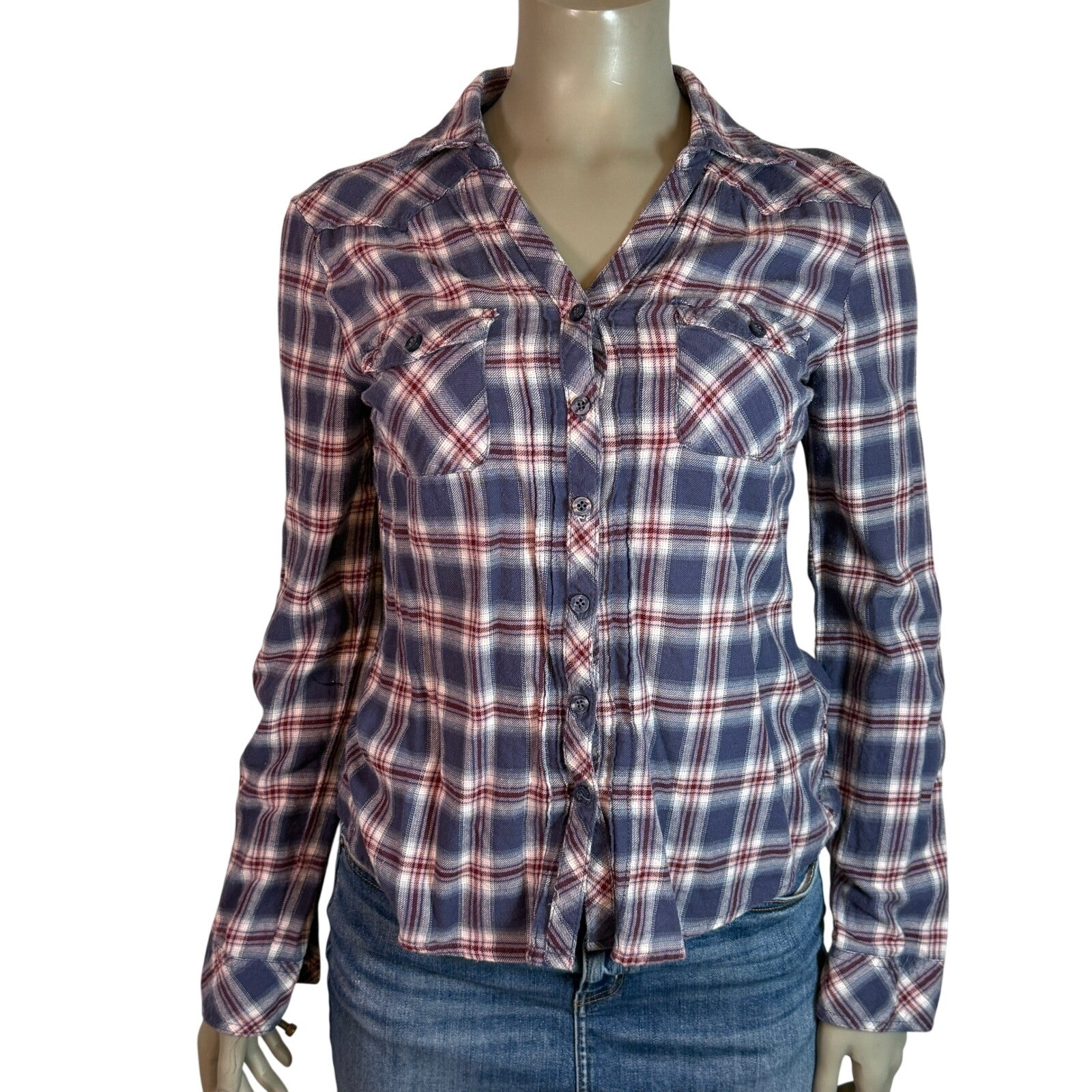 Rare 2009 Plaid Flannel Shirt Blue Burgundy Button Up Bella Swan Style Size