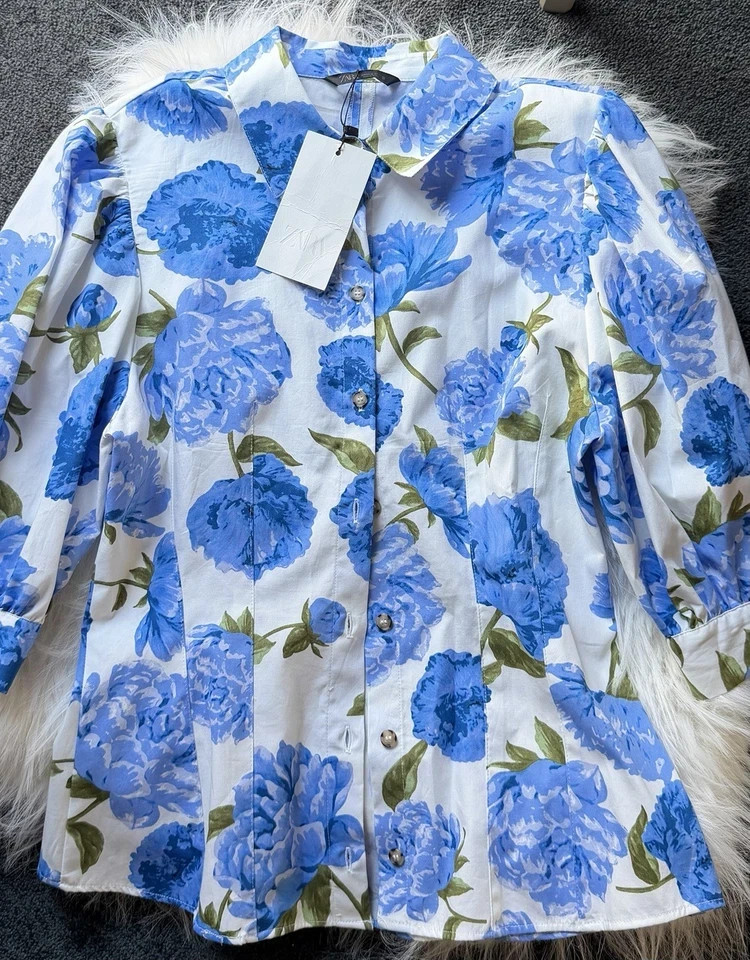 ZARA Blue & White Floral Poplin Shirt Blouse Top Size S 2472/129 Trendy Stylish