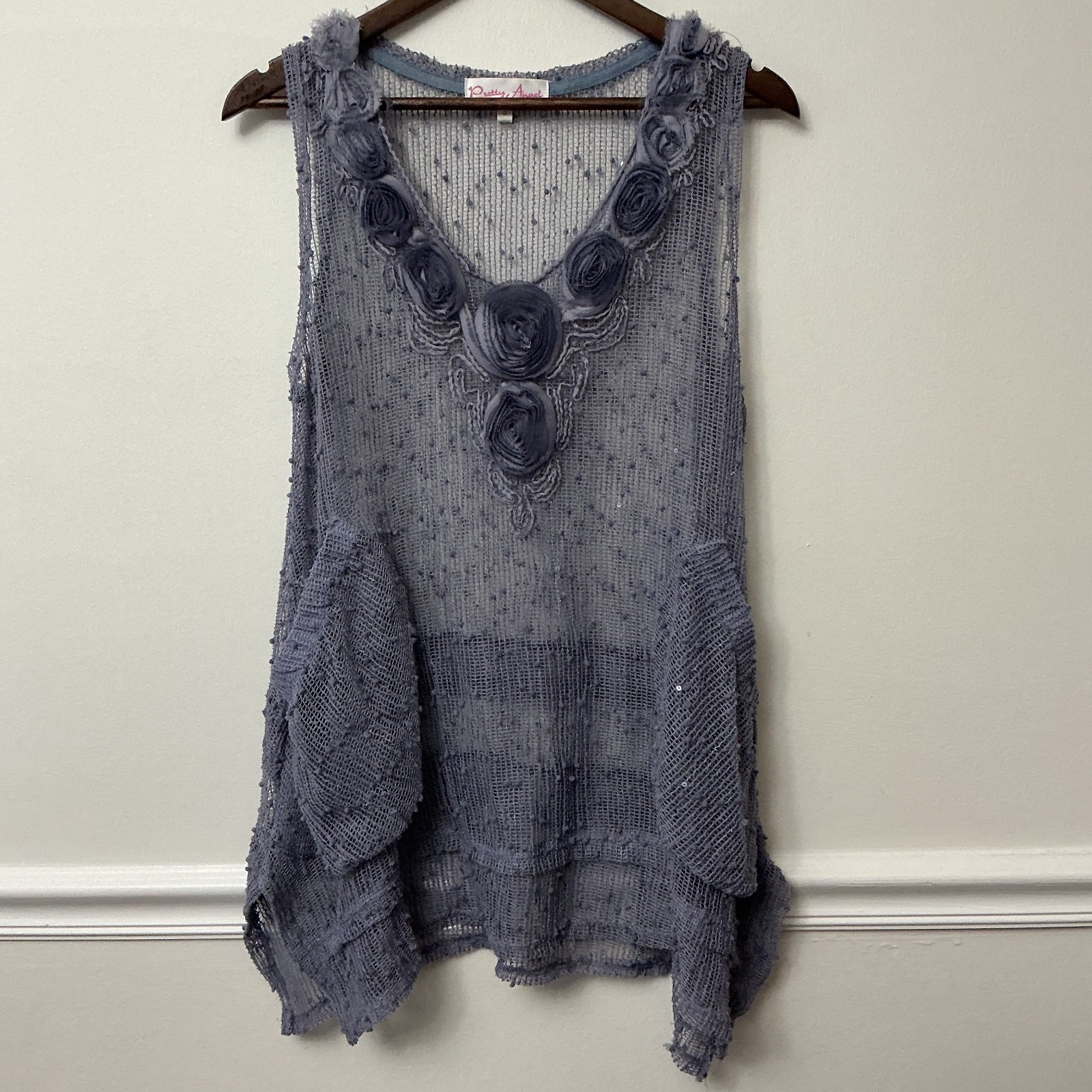Pretty Angel Women’s Sheer Knit Sleeveless Top with Floral Applique, Size Small,