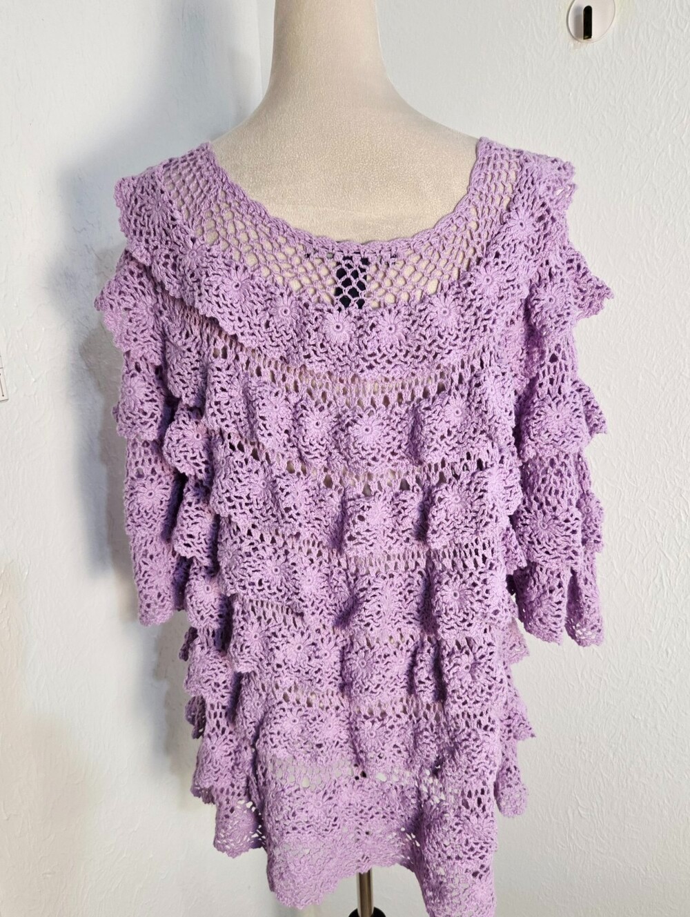 Denim 24/7 Lavender Crochet Open Knit Tiered Ruffle Tunic Top, Size 1X