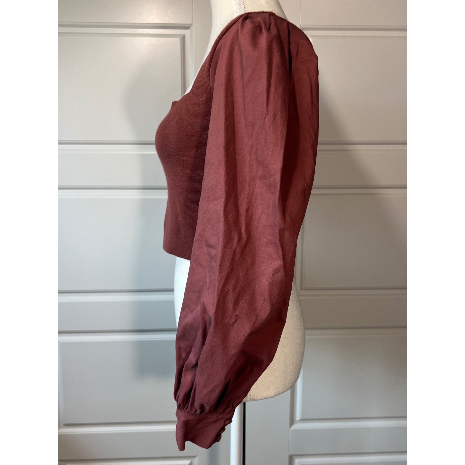Blue Blush Top Knit Bodice Balloon Sleeve Square Neck Blouse Small S