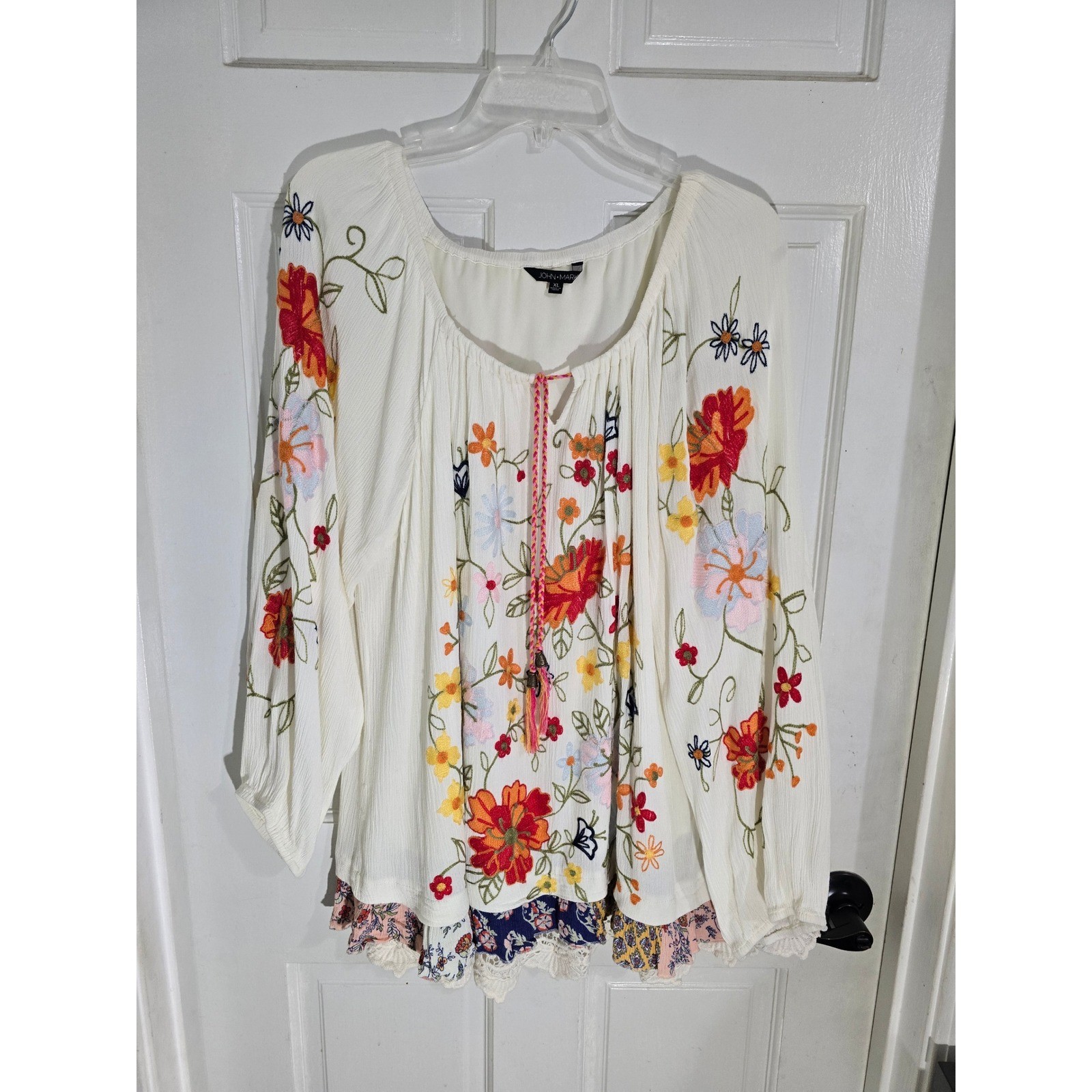 John Mark Floral Embroidered Peasant Blouse White XL Lace Trim Tassel Tie Boho
