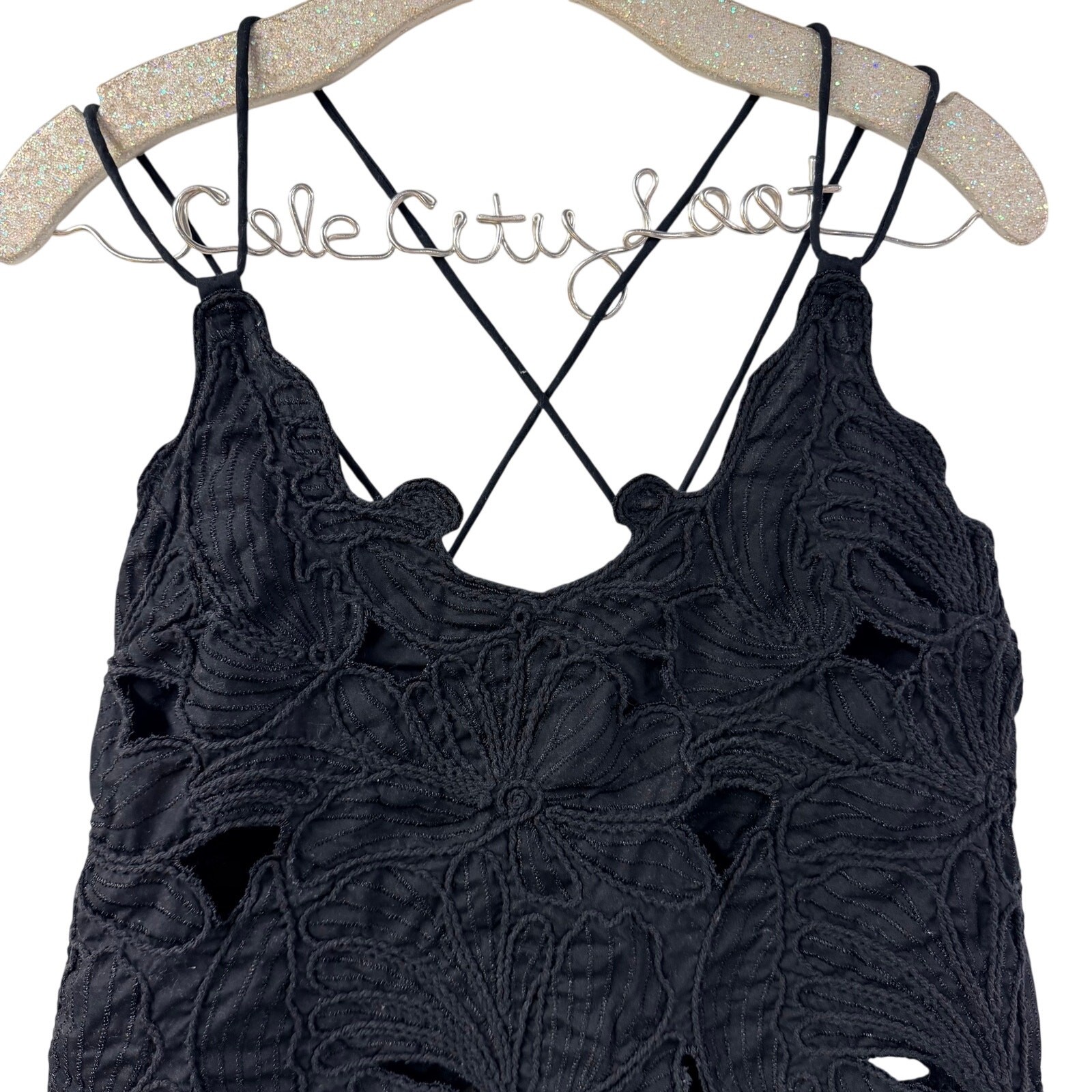 Black Lace Tank Top Open Back Spaghetti Strap Small H&M Cotton