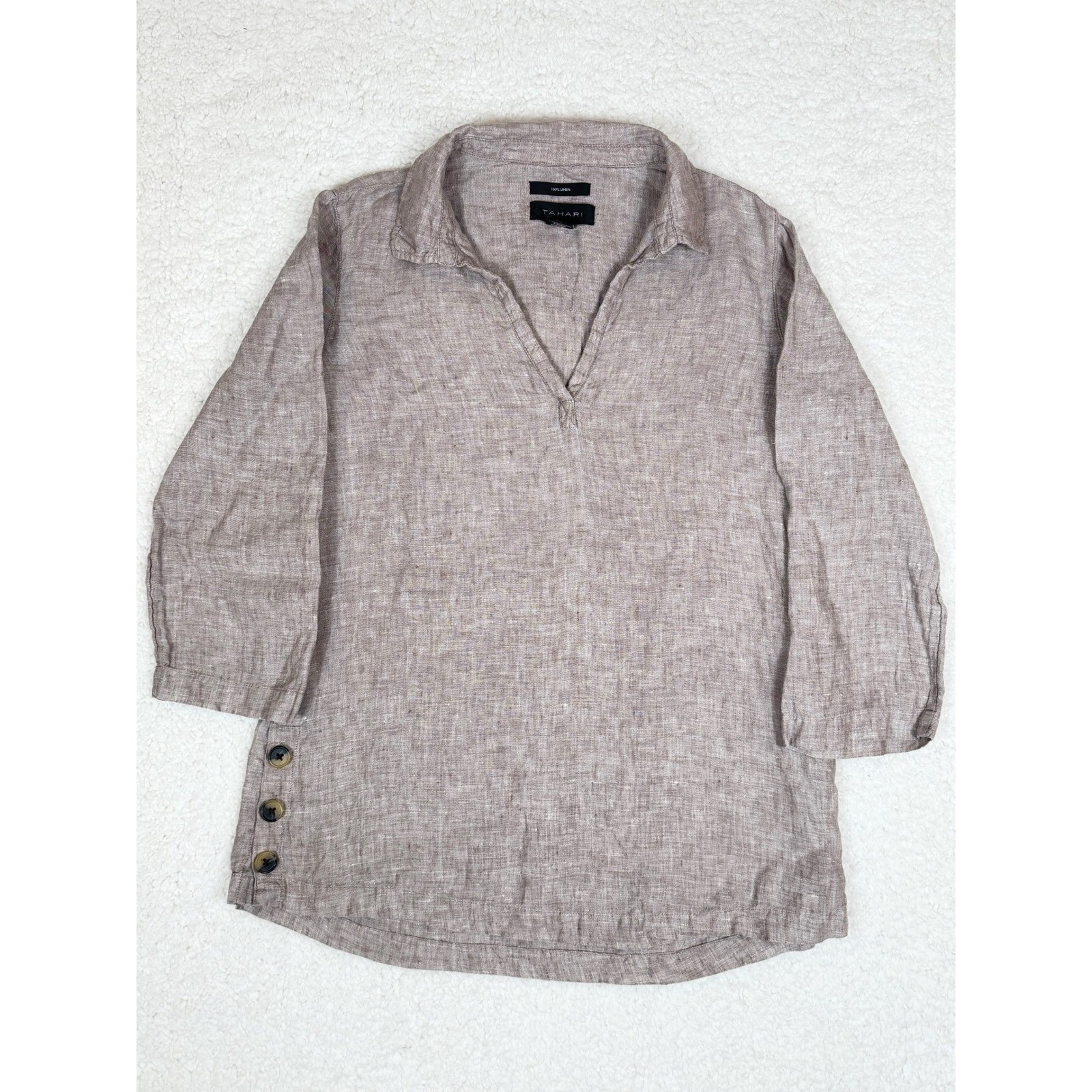 Tahari Sz S Linen V-Neck 3/4 Sleeve Top Side-Button Pullover Lagenlook