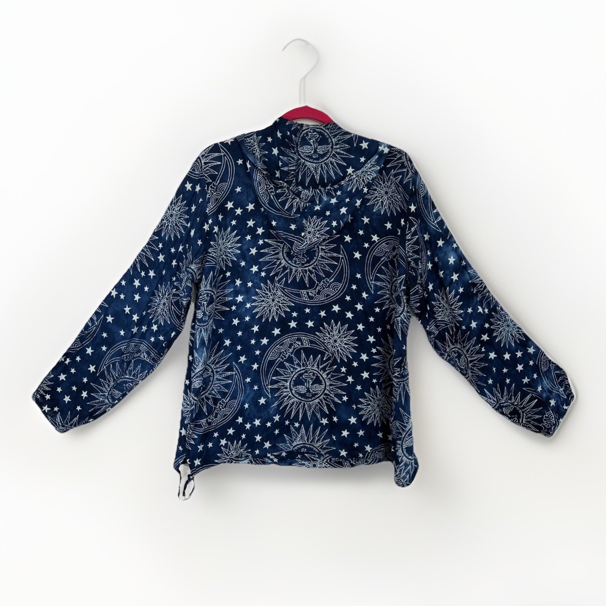 Gypsy OS Rayon Hoodie Blue Celestial Galaxy Sun Moon Stars Boho Top NWT Witchy