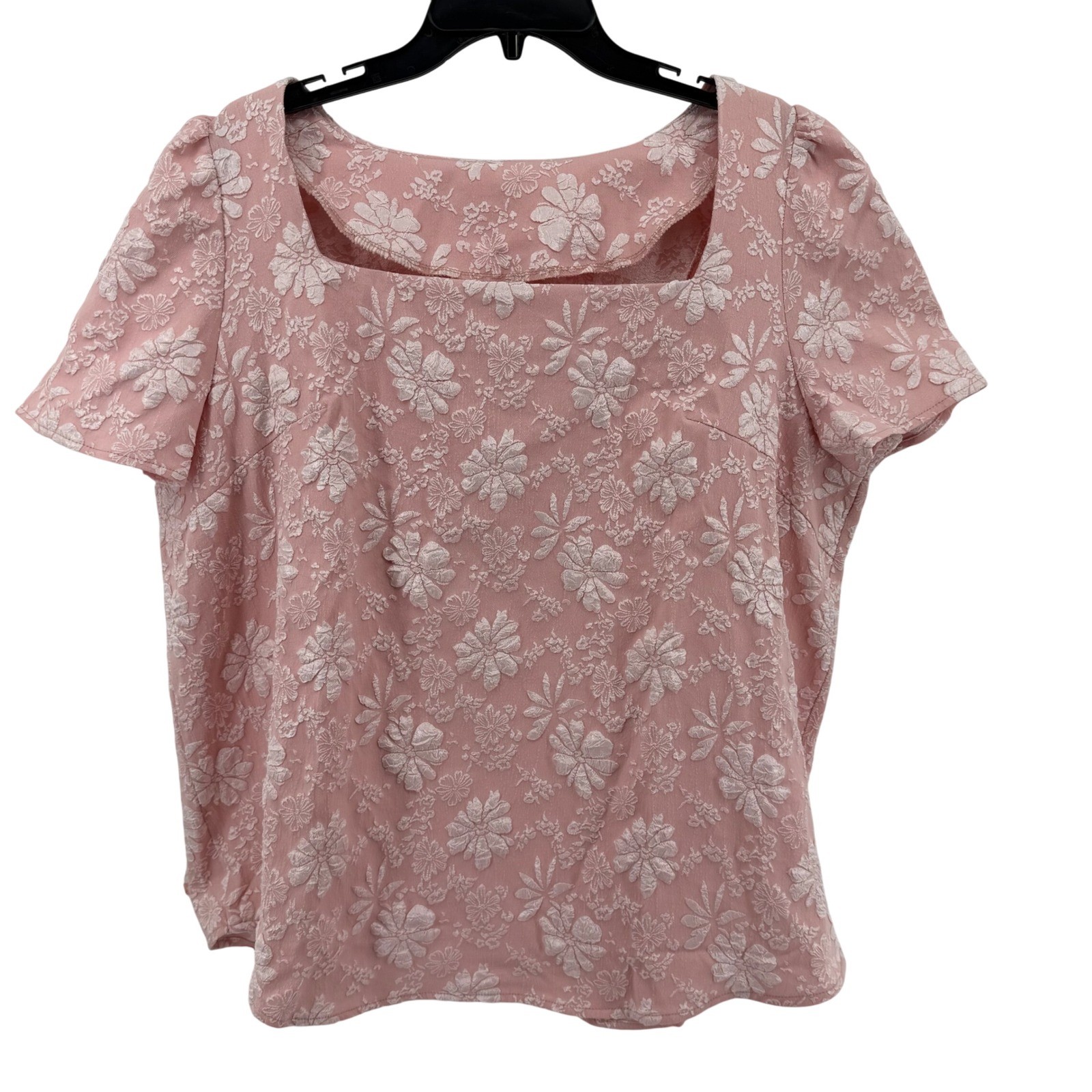 Danity Croquet 3XL Pink Floral Embossed Short Sleeve Square Neck Blouse Top