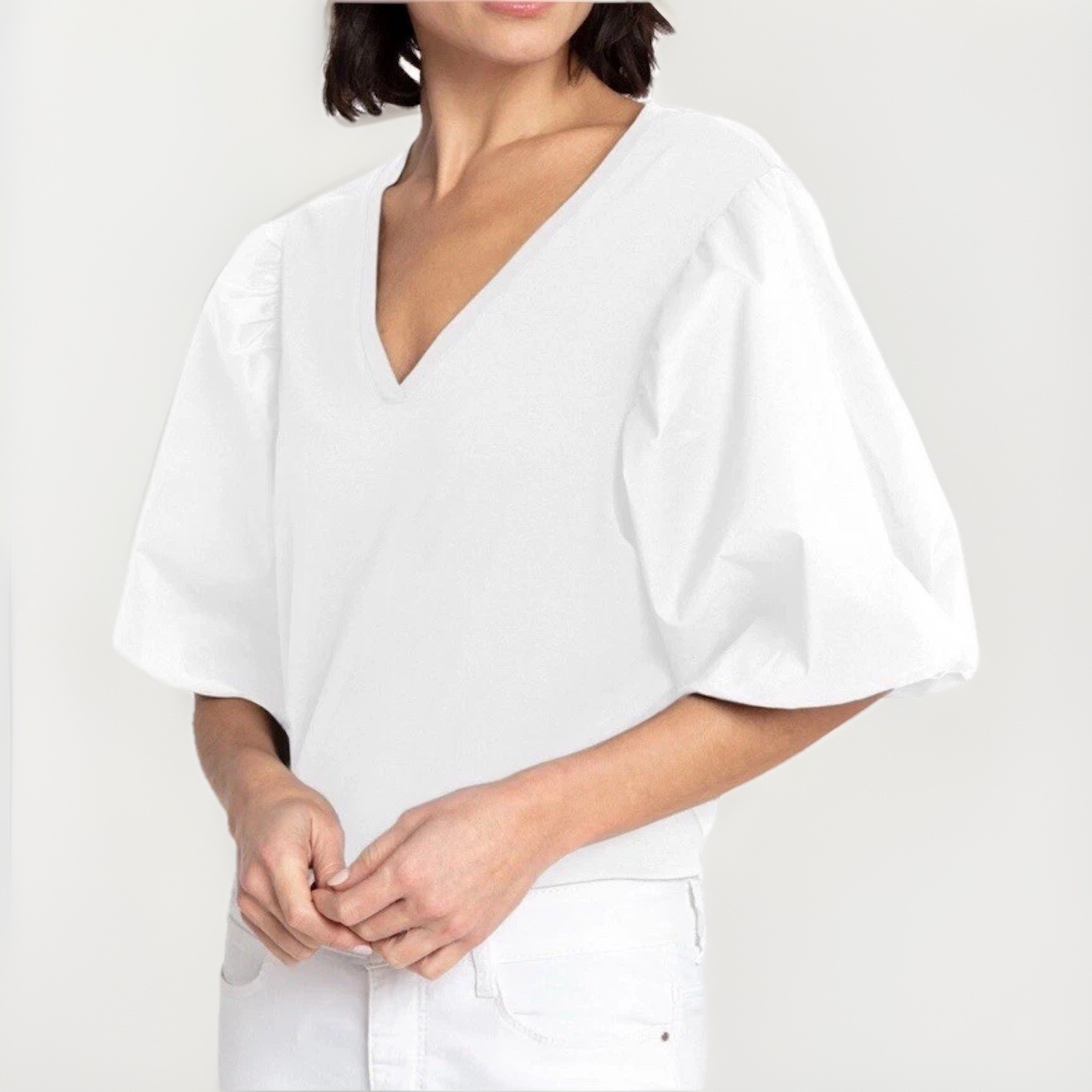 Hinson Wu Elbow Sleeve Kaitlyn White Bubble Puff Sleeve Top Shirt Sz M Popover