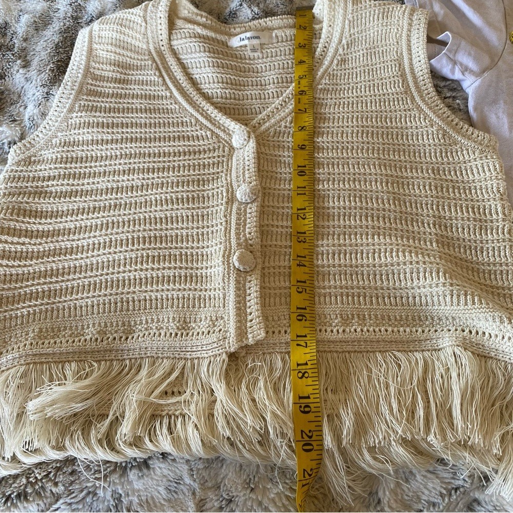 Lalavon Knit Sleeveless Crochet Top Tasseled Fringe Hem Cream Button Down: Large