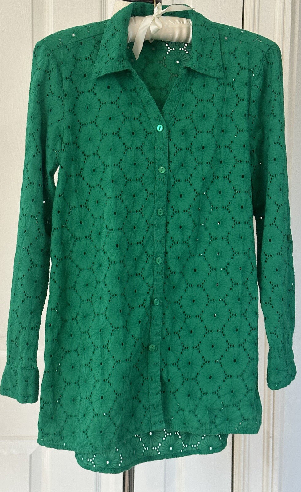 Nicole Miller Artelier Blouse Top Kelly Green Floral Eyelet Women’s Size XS