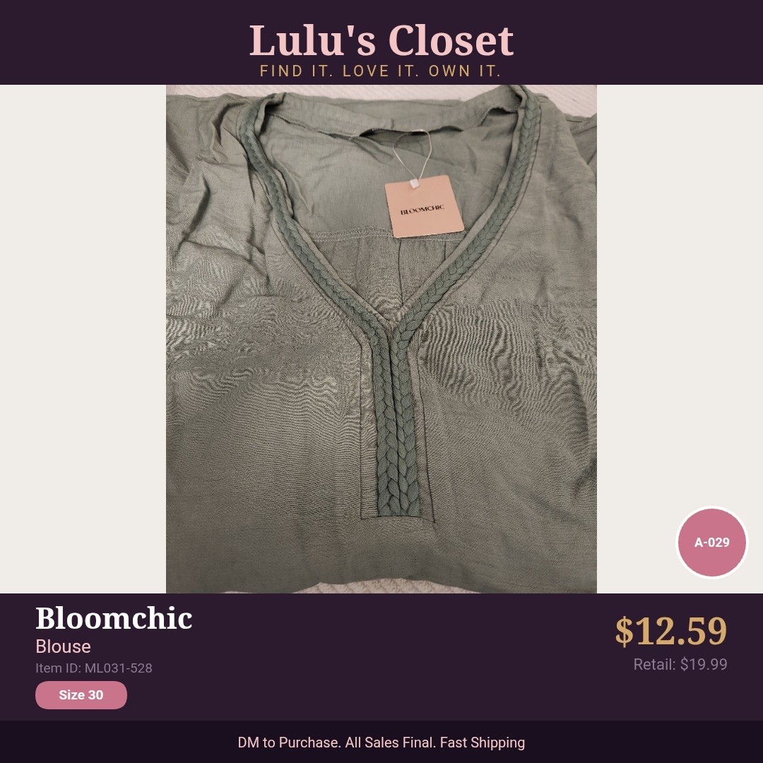 Bloomchic V-neck Blouse – Sage Green – Size 30