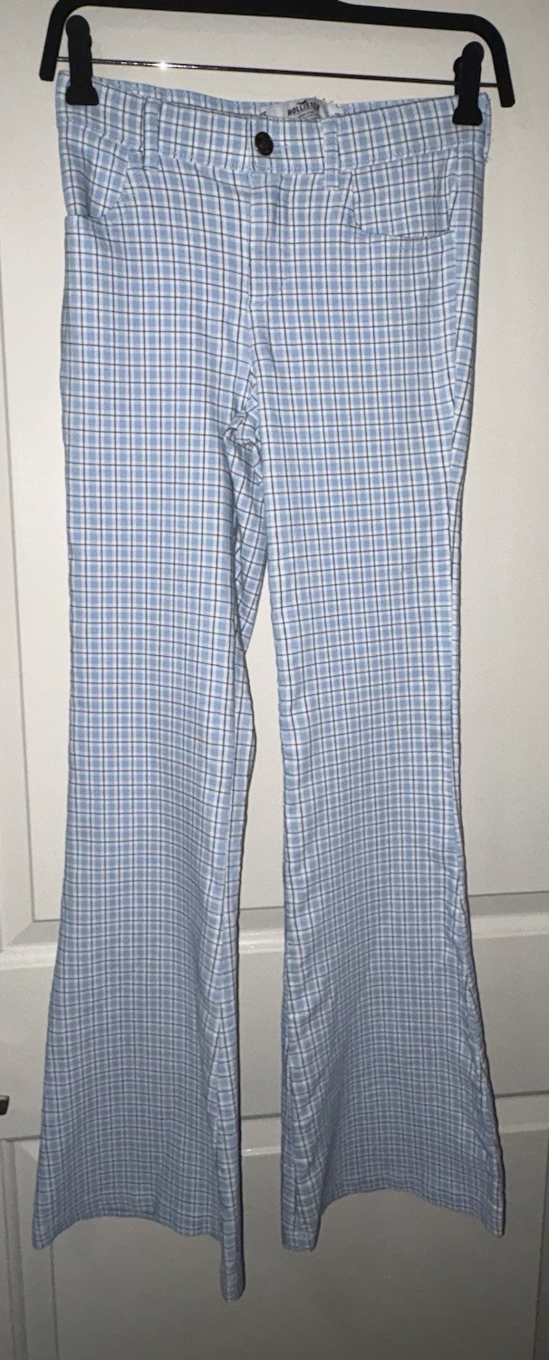 Hollister Teens XS Blue White Plaid High Rise Stretch Pants Pockets Button