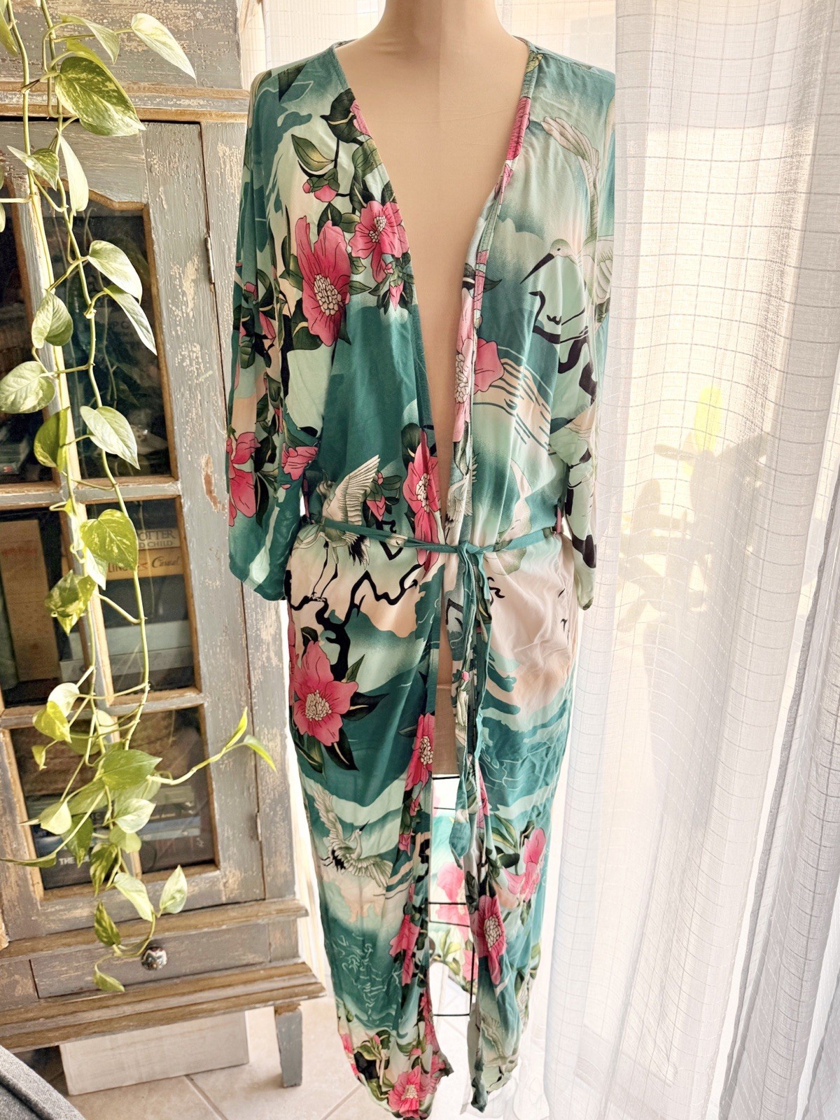 Boho Gypsy Long Maxi Kimono Robe Duster Cover Up Tropical Asian Print One Size
