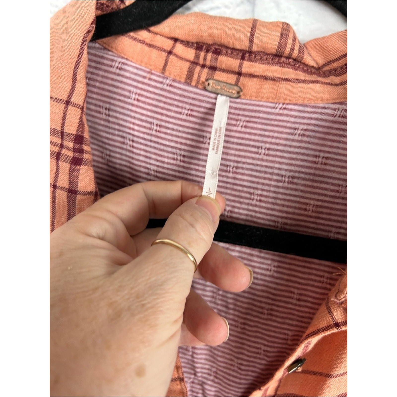 Free People No Limits Plaid Linen Shirt L Peach Button Back Tunic Oversized