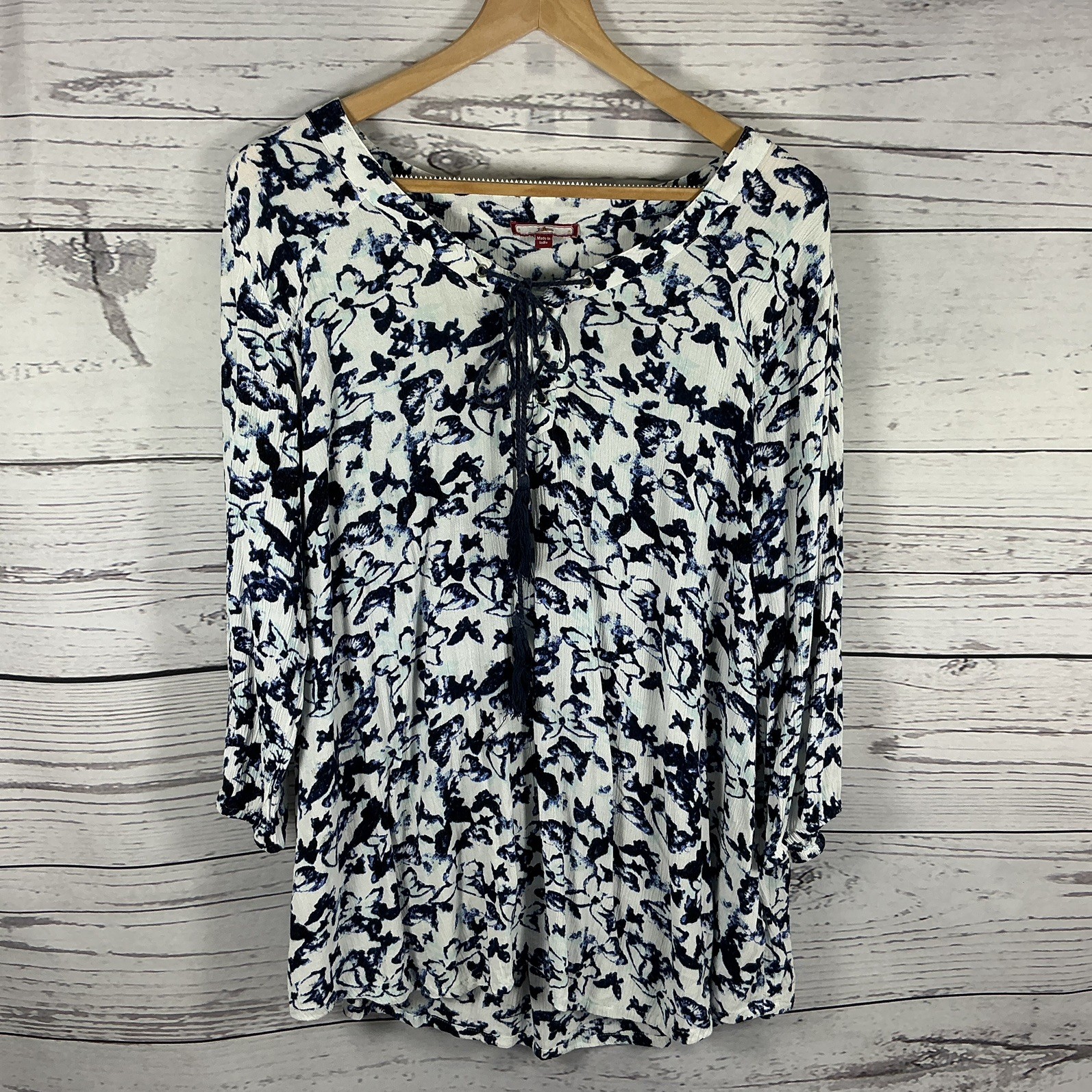 Joe Browns Top Size 20 White & Blue Print Viscose 3/4 Sleeves Elastic Cuffs