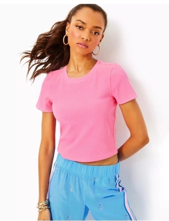 Lilly Pulitzer Minnie Knit Top Confetti Pink Short Sleeve Ribbed Sz XL NWT💚