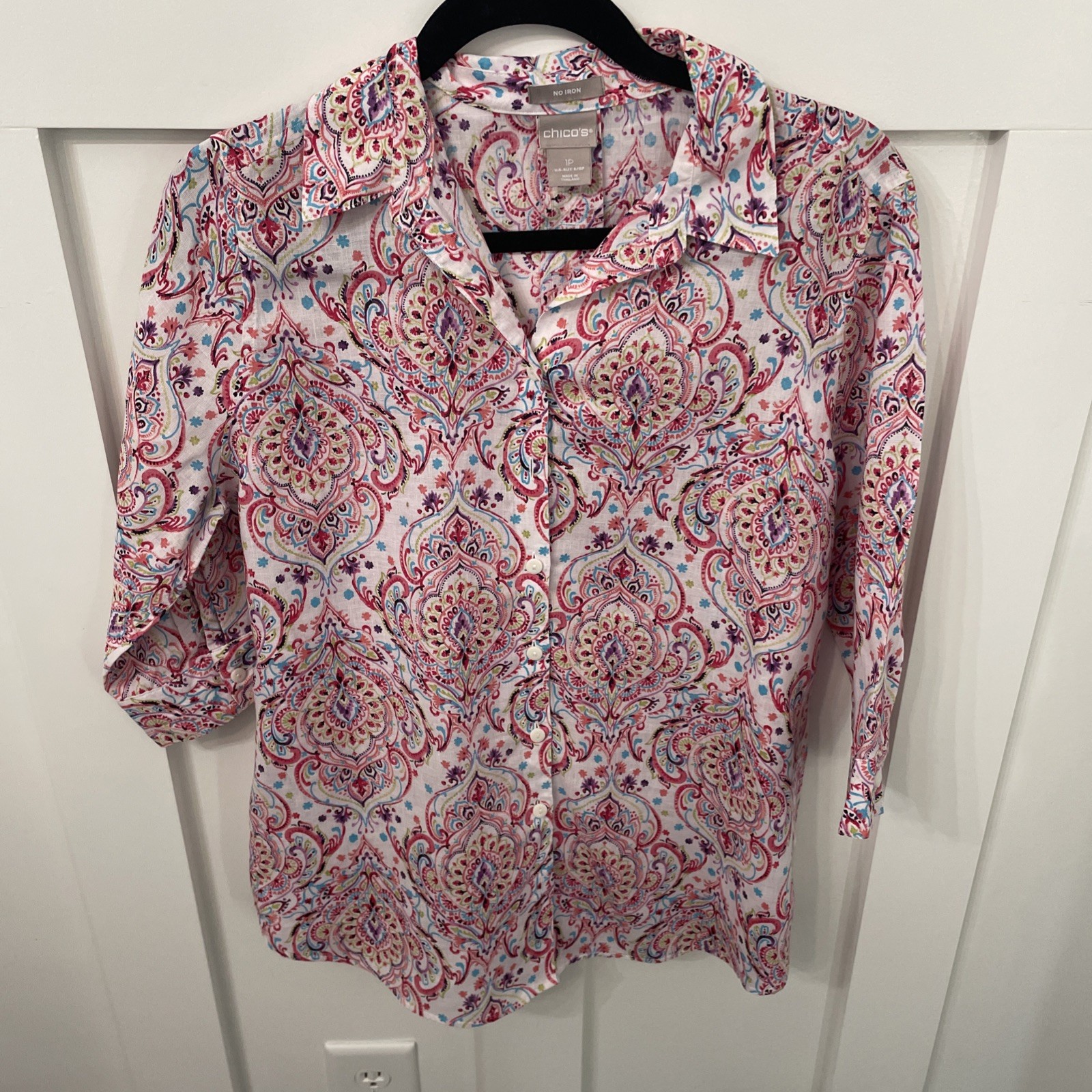 Chico’s 100% Linen Button Front Shirt-1P( US 8/10P)-no Iron-multicolored Pattern