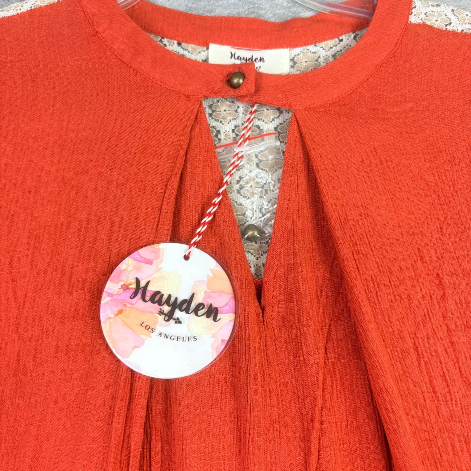 Hayden S Orange Tunic Blouse Lace Back Crochet Trim Boho Peasant Oversized NWT