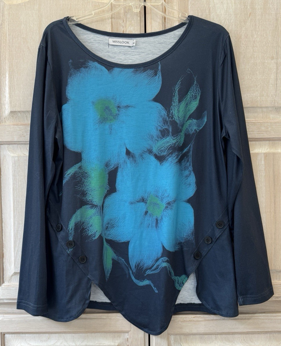 NWOT Misslook Navy Blue Floral Stretch Pullover Top Button Detail Size XL
