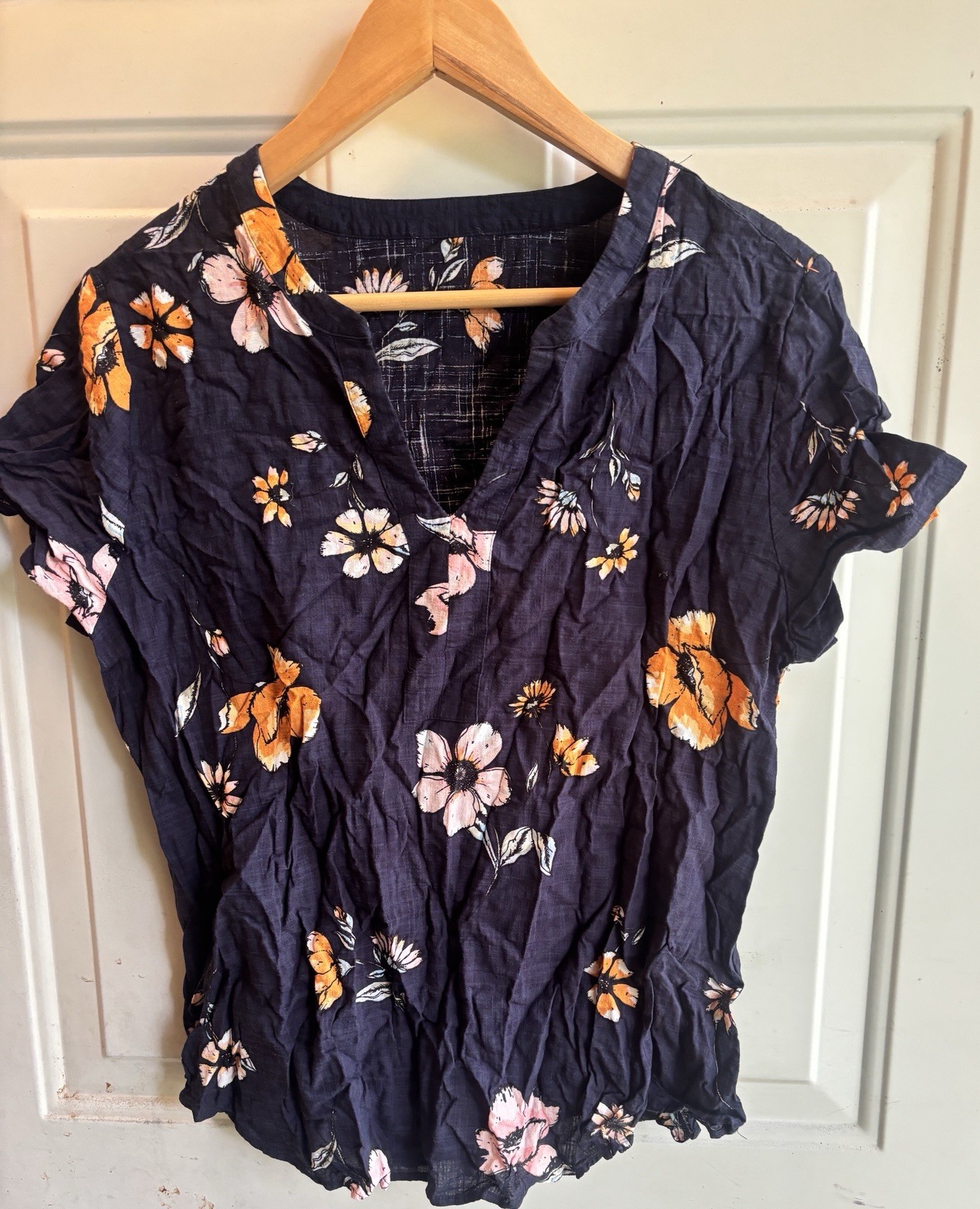 Floral V-Neck Short Sleeve Pullover Blouse Navy/Pink/Orange/White M