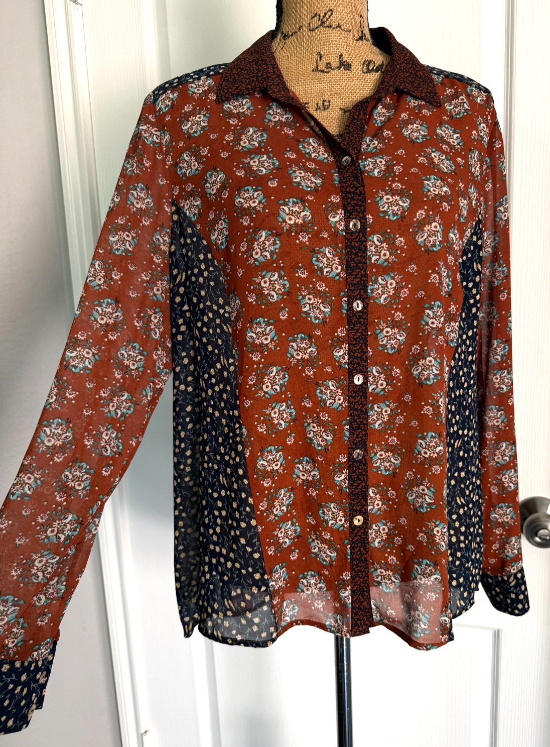 DR2 Top Button Up Long Sleeve Brown Floral Patchwork Chiffon Sheer Cottage L