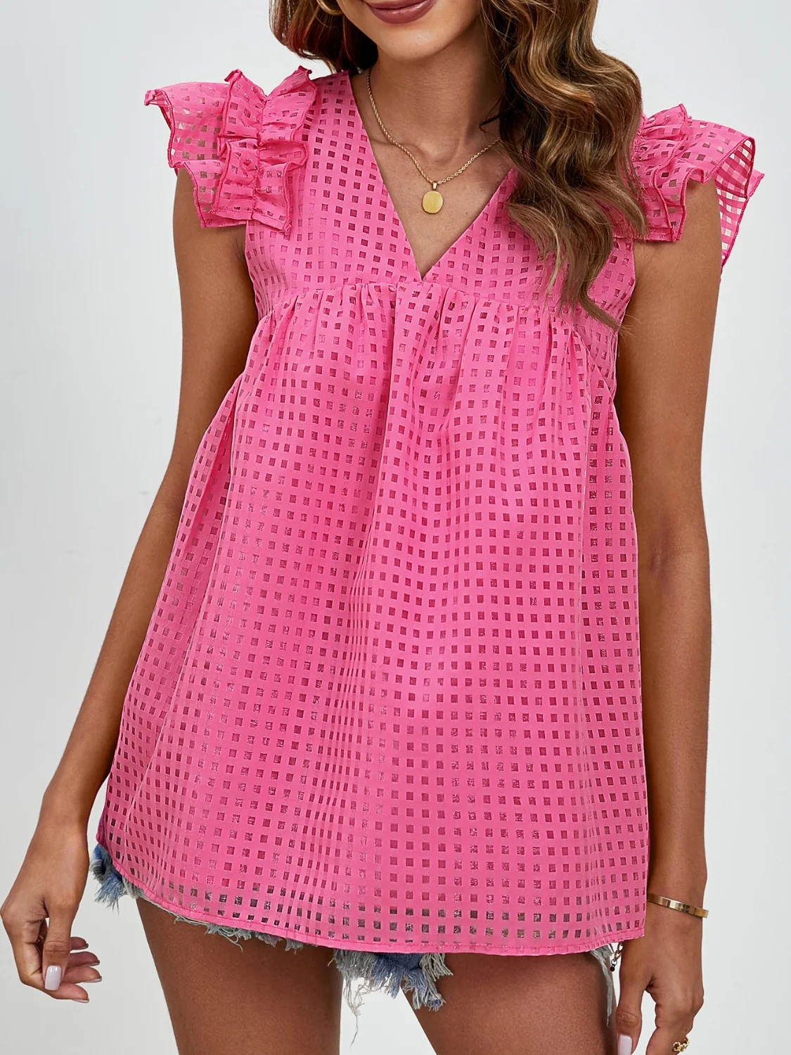 Women Ruched V-Neck Cap Sleeve Blouse