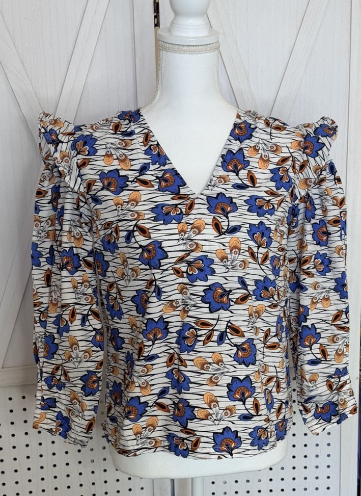 Derek Lam 10 Crosby Oona Floral V-Neck Ruffle Blouse White Blue Size 2
