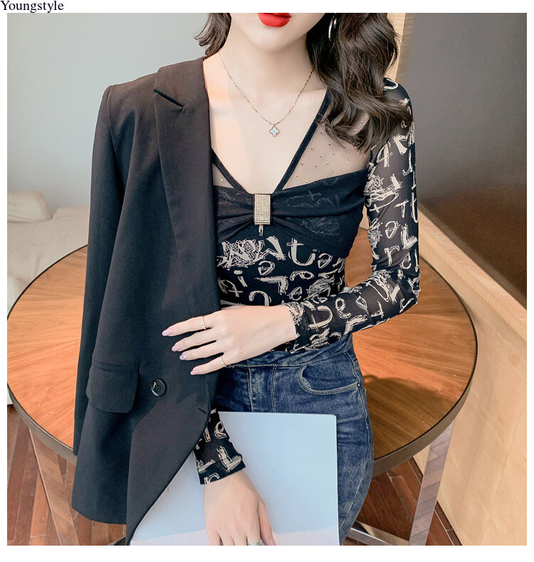 Sexy Korean Women Mesh Rhinestone Slim Casual Party Cocktail Tops Blouse Shirts