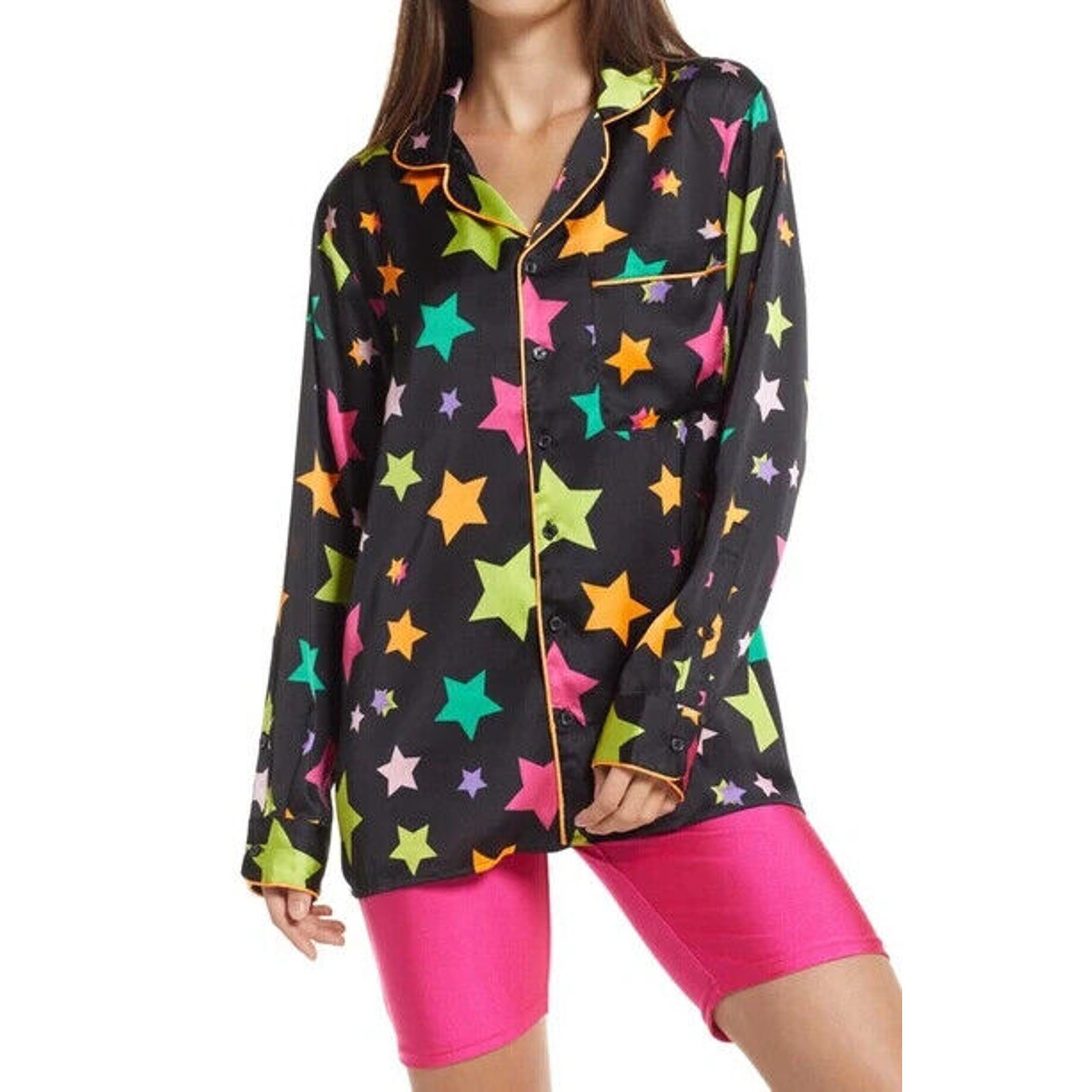 BP. NEW $49 Be Proud Gender Inclusive Print Satin Shirt Shooting Star XXS