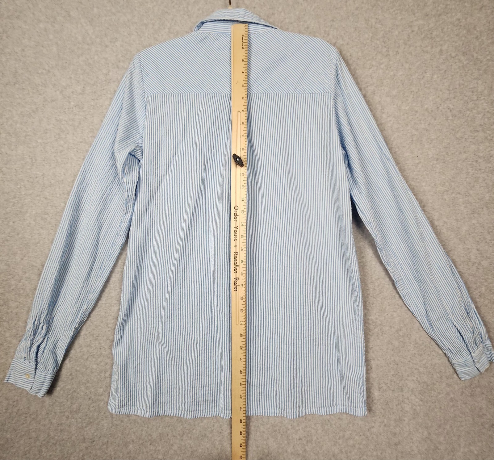 Long Tall Sally Shirt Womens 10 Blue White Stripe Button Up Seersucker