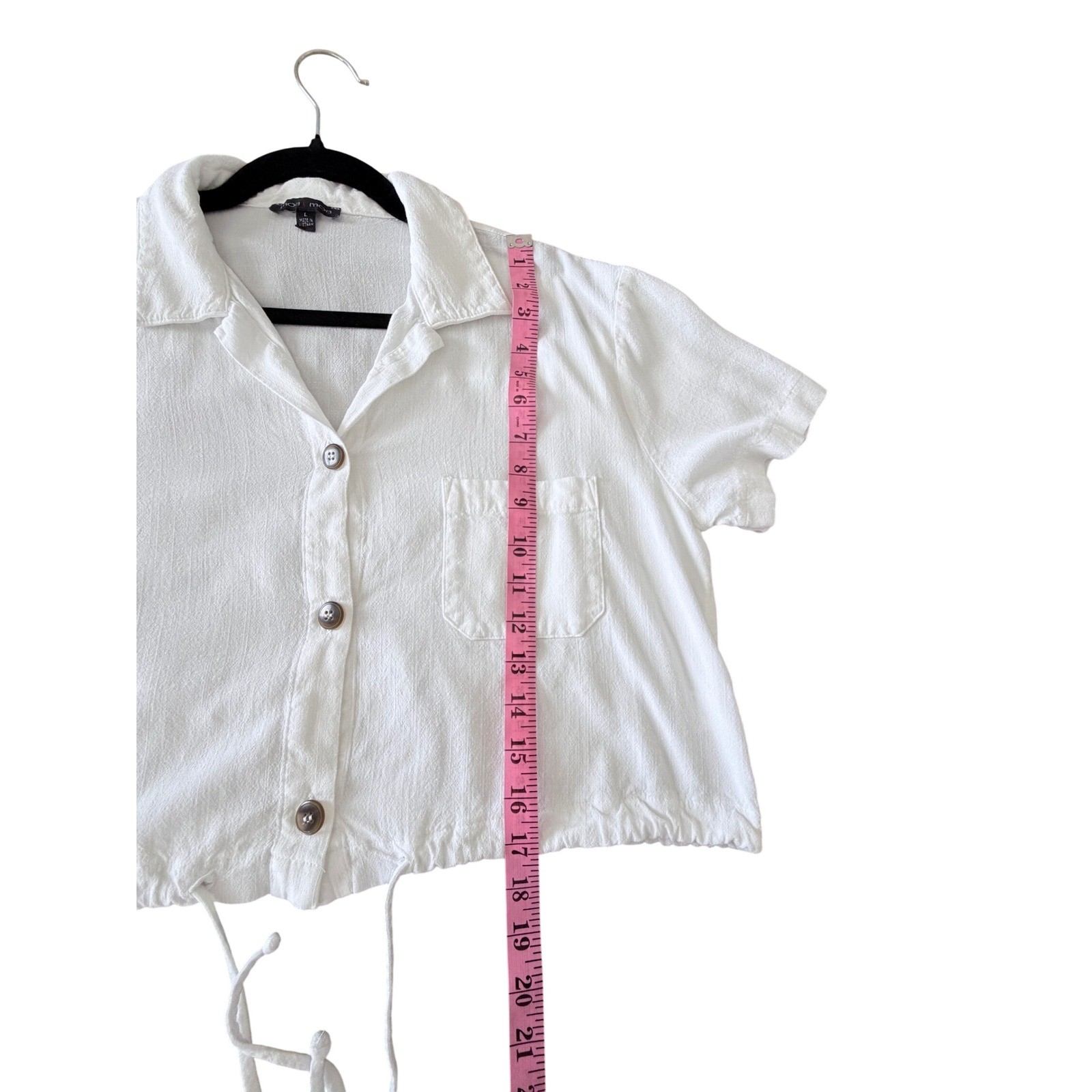 Moa Moa Women’s White Cropped Button Up Drawstring Blouse Textured Large