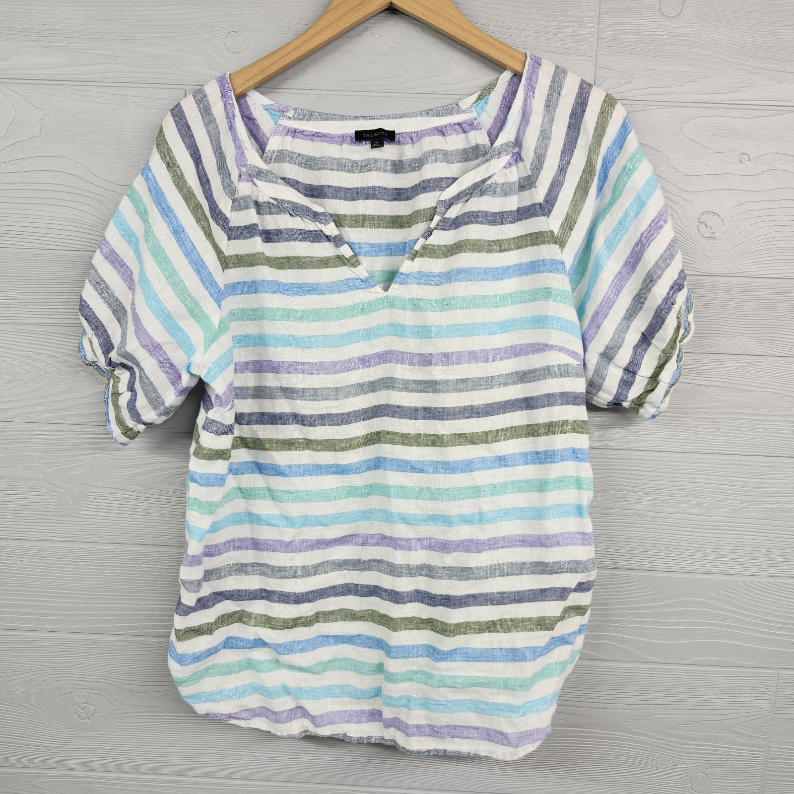 Talbots Blue Purple Gray Striped Linen Top Womens Size Medium