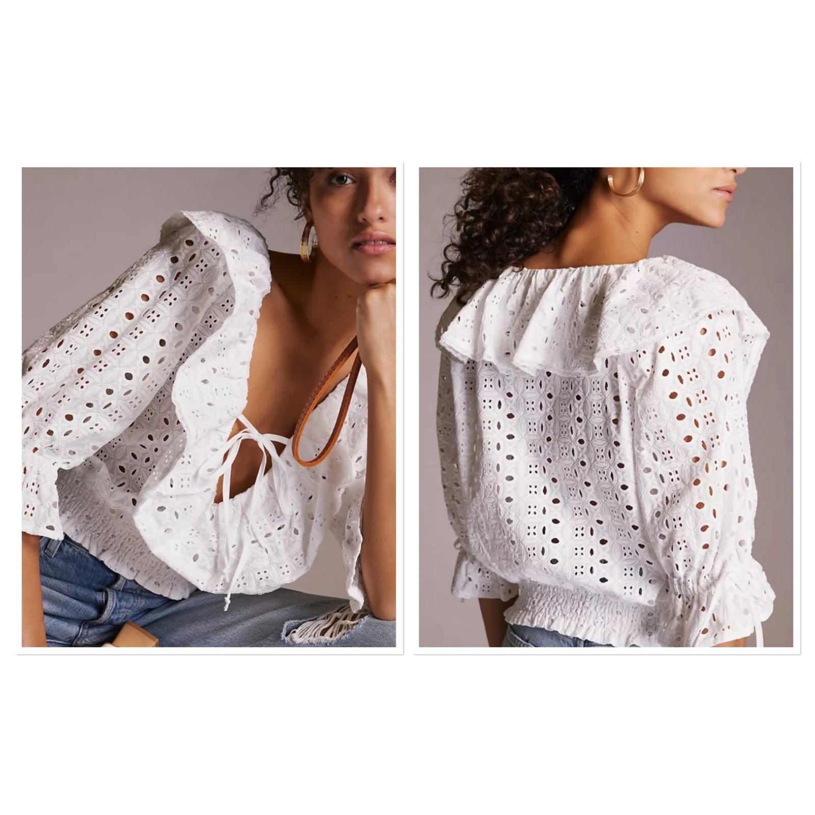 Porridge Anthropologie White Eyelet Lace Ruffle Tie Front Top Puff Sleeve XL
