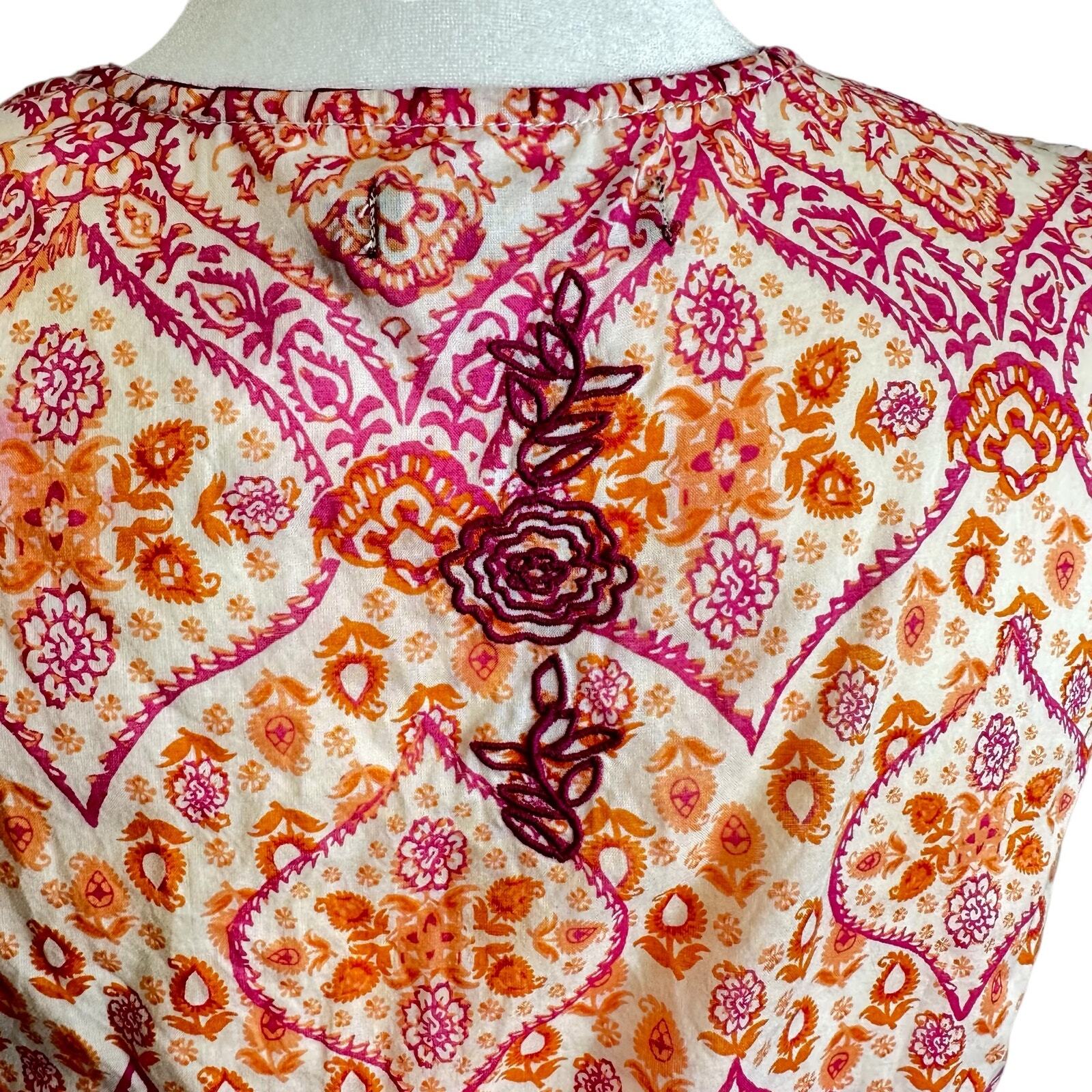 prAna Fall Floral Y2K Top Women’s sz. XS Orange Split Neck Embroidered Rose