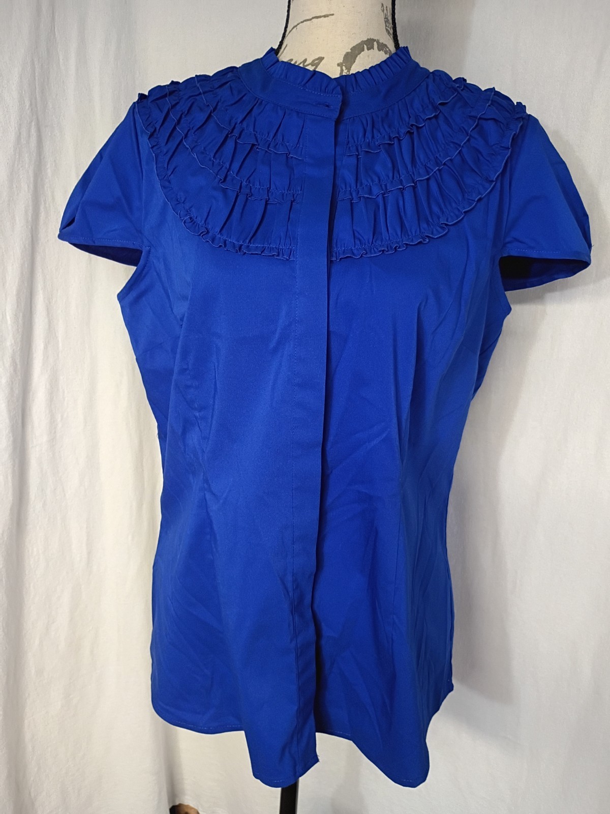 Worthington Women Stretch Short Sleeve Pleated Button-Up Shirt Blue Size L
