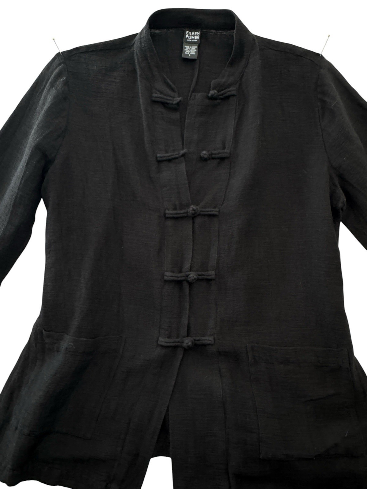 Eileen Fisher Shirt Sz L Mandarin Frog Closure Cotton Lagenlook Luxury Black