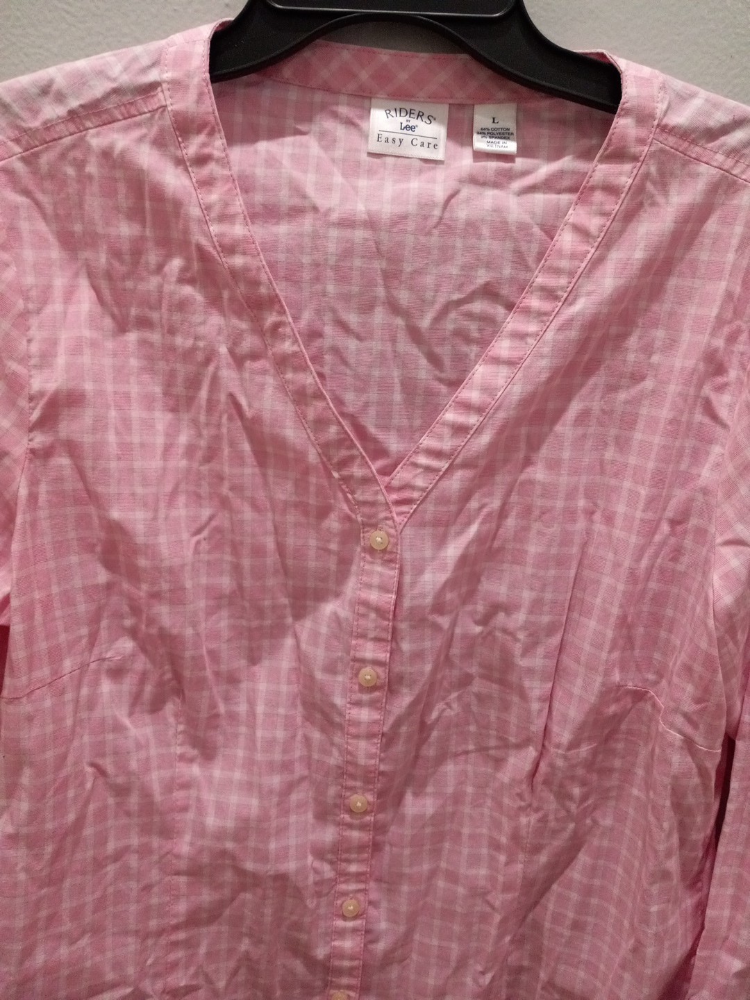 RIDERS BY LEE EASY CARE WOMEN PINK PLAID BUTTON UP SHIRT TOP SIZE L / LARGE USED