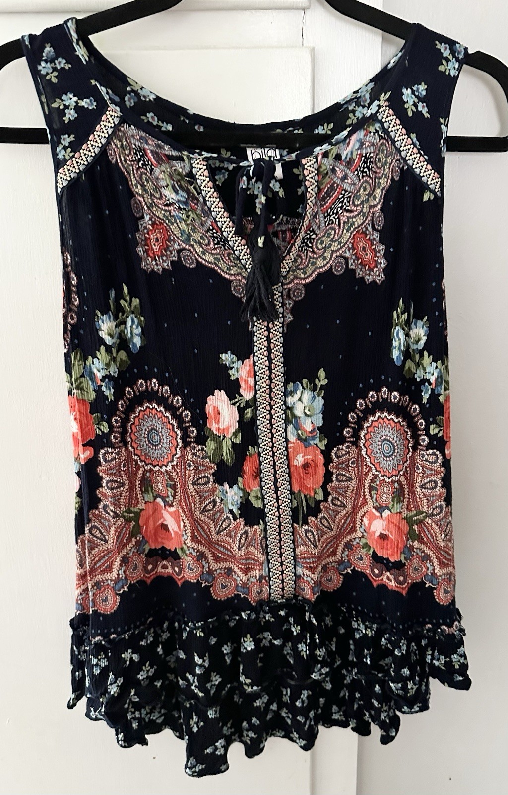 Bila Sz M Navy Blue Floral Sleeveless Blouse