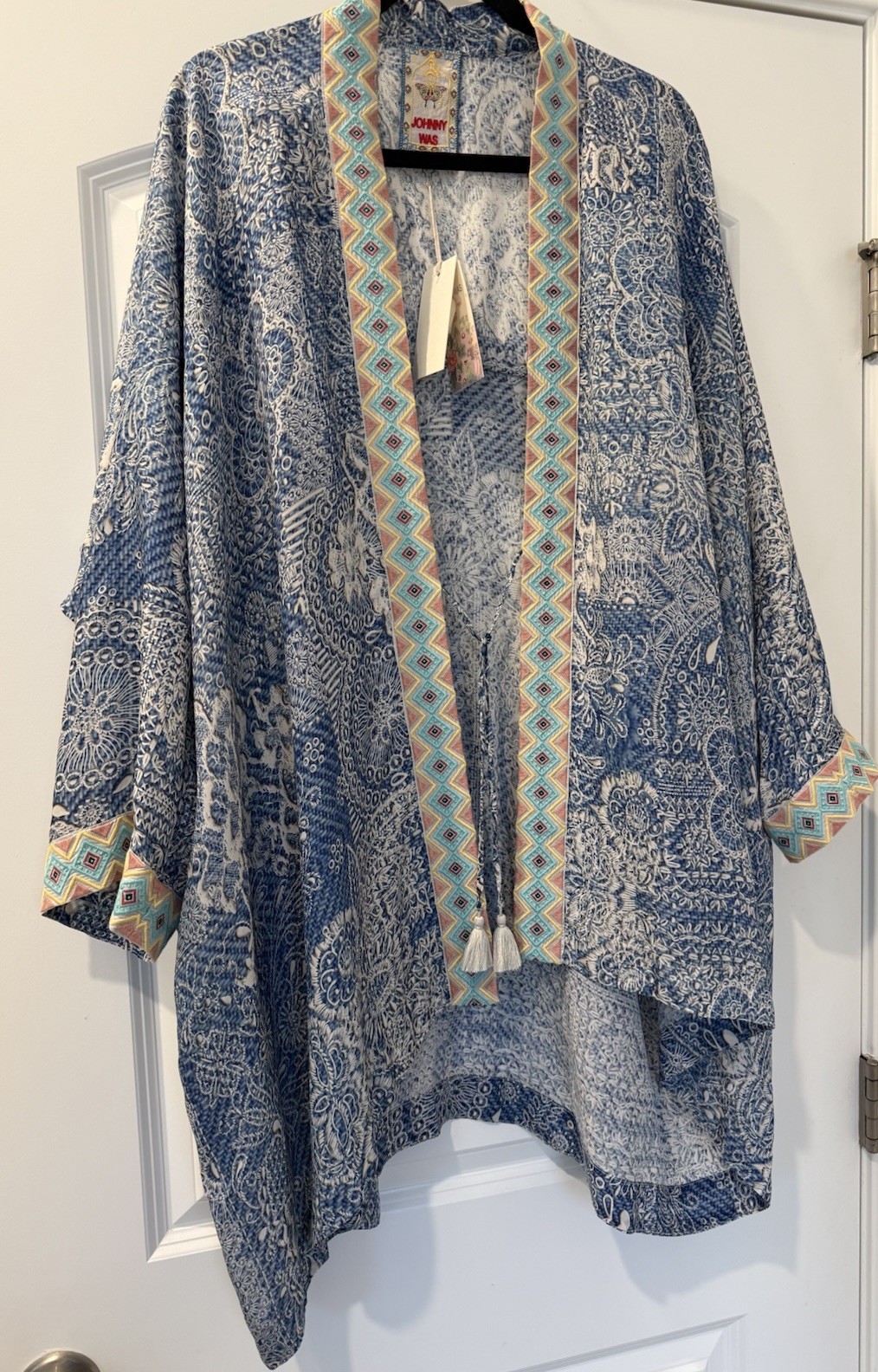 NWT Johnny Was Dolce Kimono 3D Denim Print Embroidered Pockets Blue XL New $318