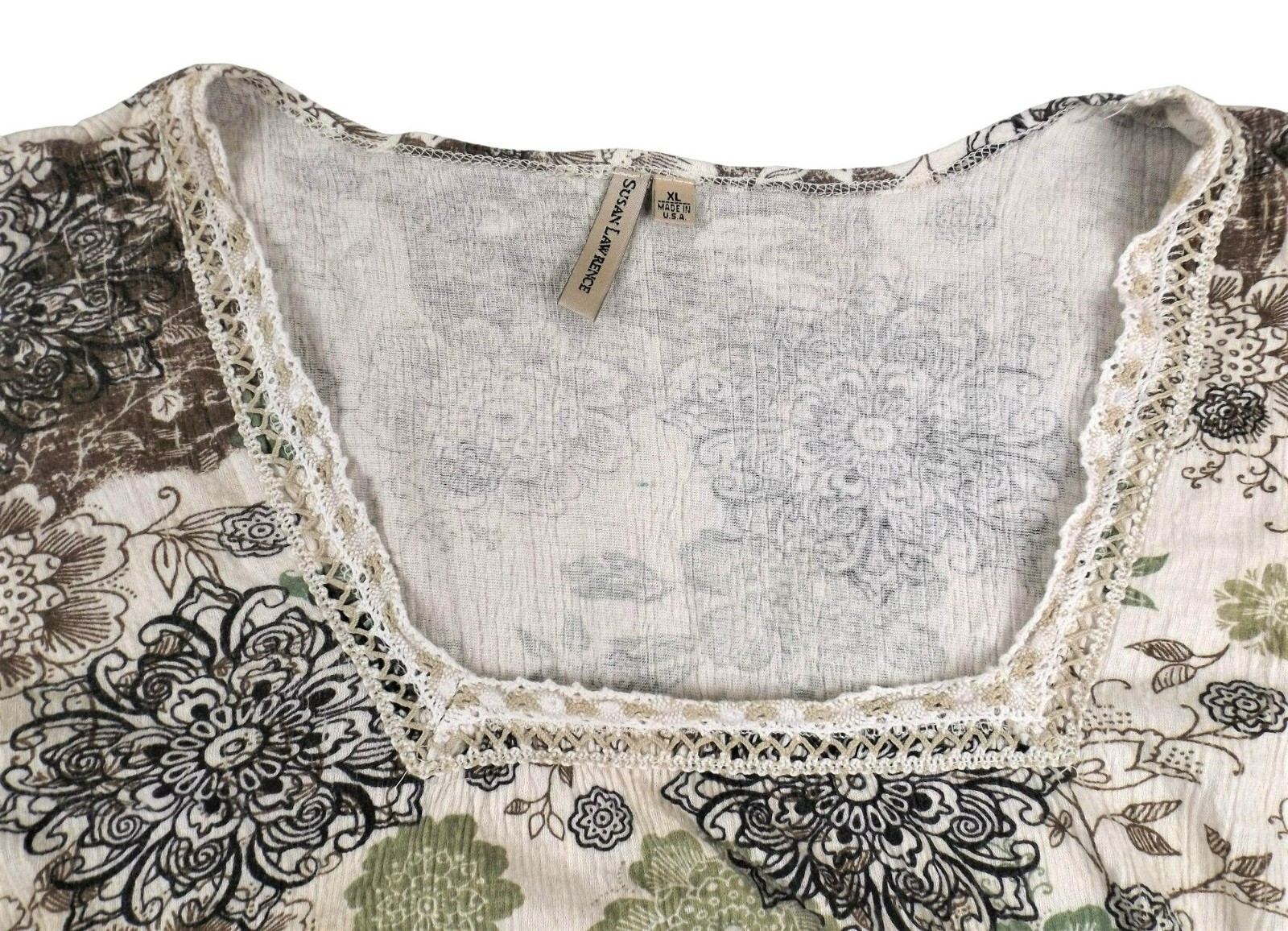 Susan Lawrence Woman’s Top with Waist Ties Beige Green Floral Print XL JH962
