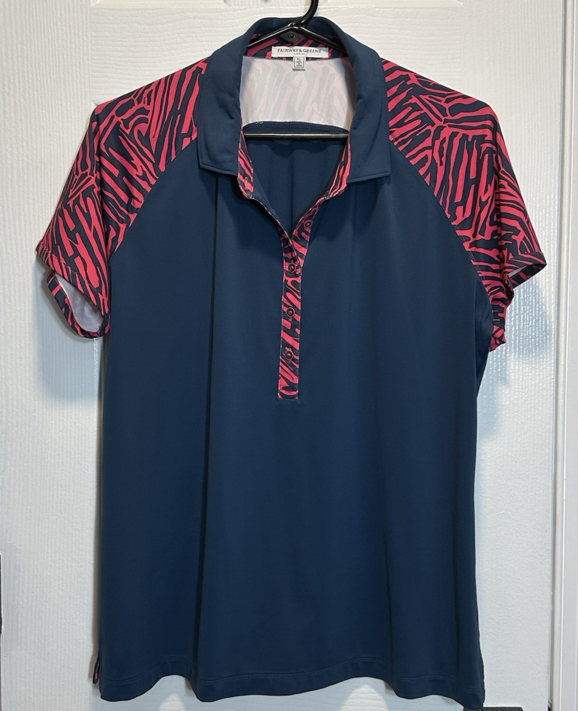 Fairway & Greene Ladies Golf Polo Shirt Women XL Blue with Pink Zebra Prints