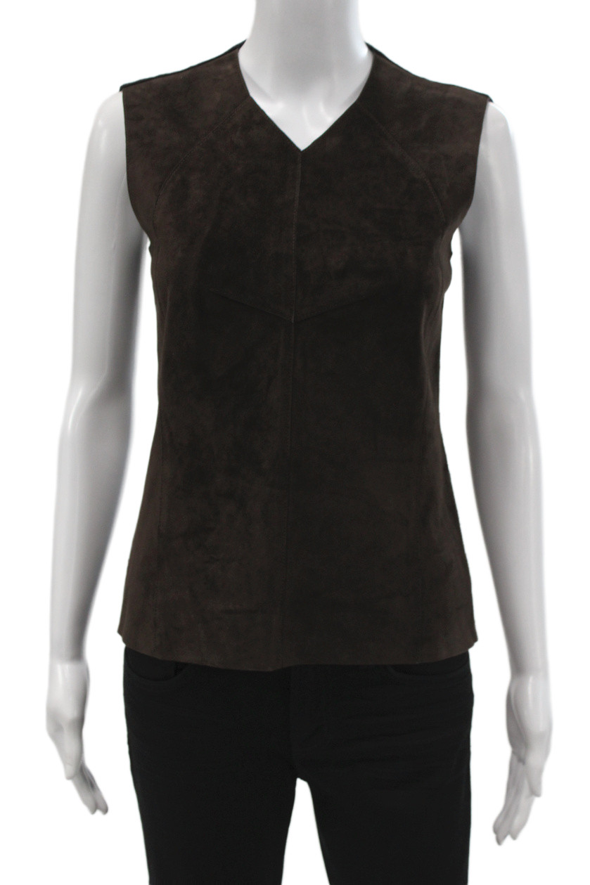 Derek Lam Women Calfskin Leather V-Neck Sleeveless Tank Brown Zip Size 2