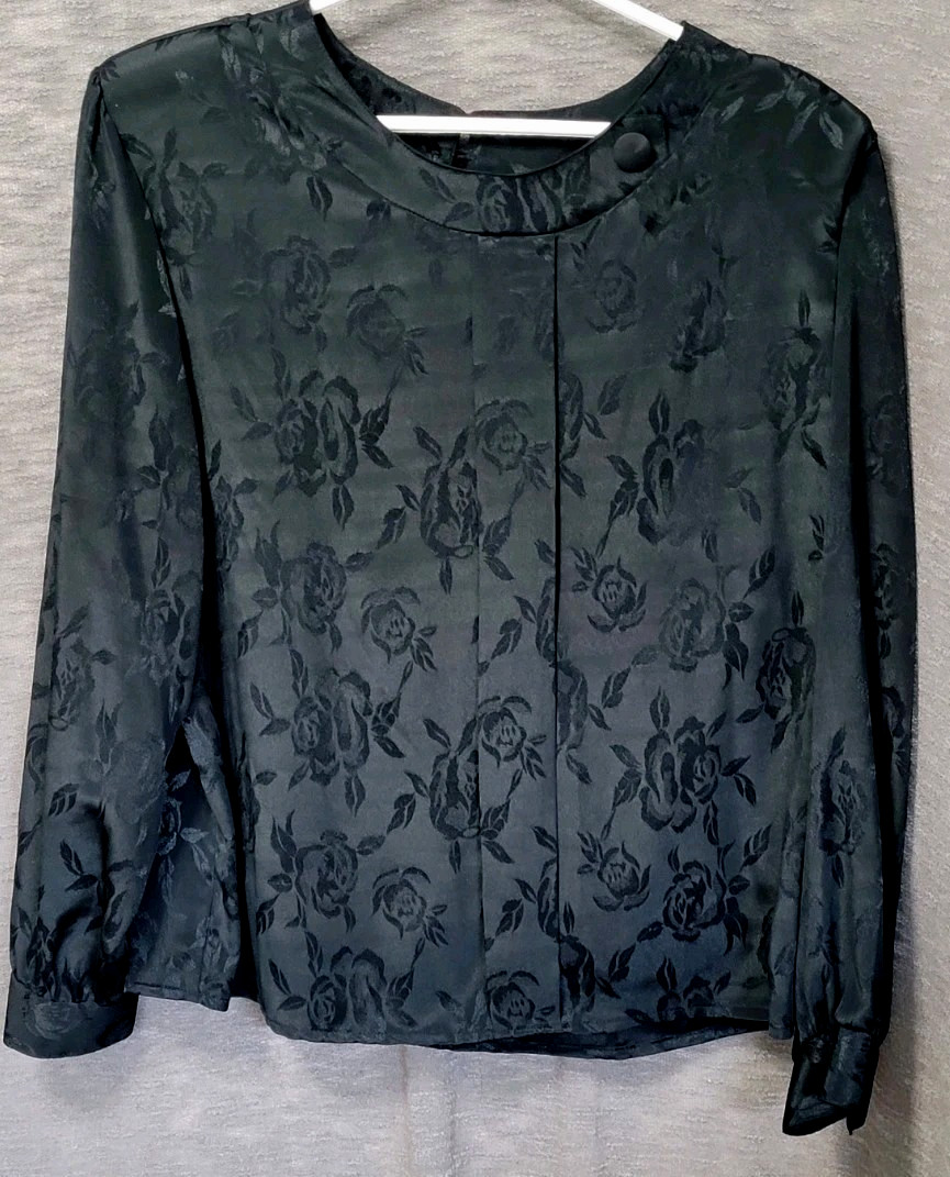 Vintage 80s Black Sateen Blouse 16 Elegant Mob Wife Rose Textured Big Shoulder