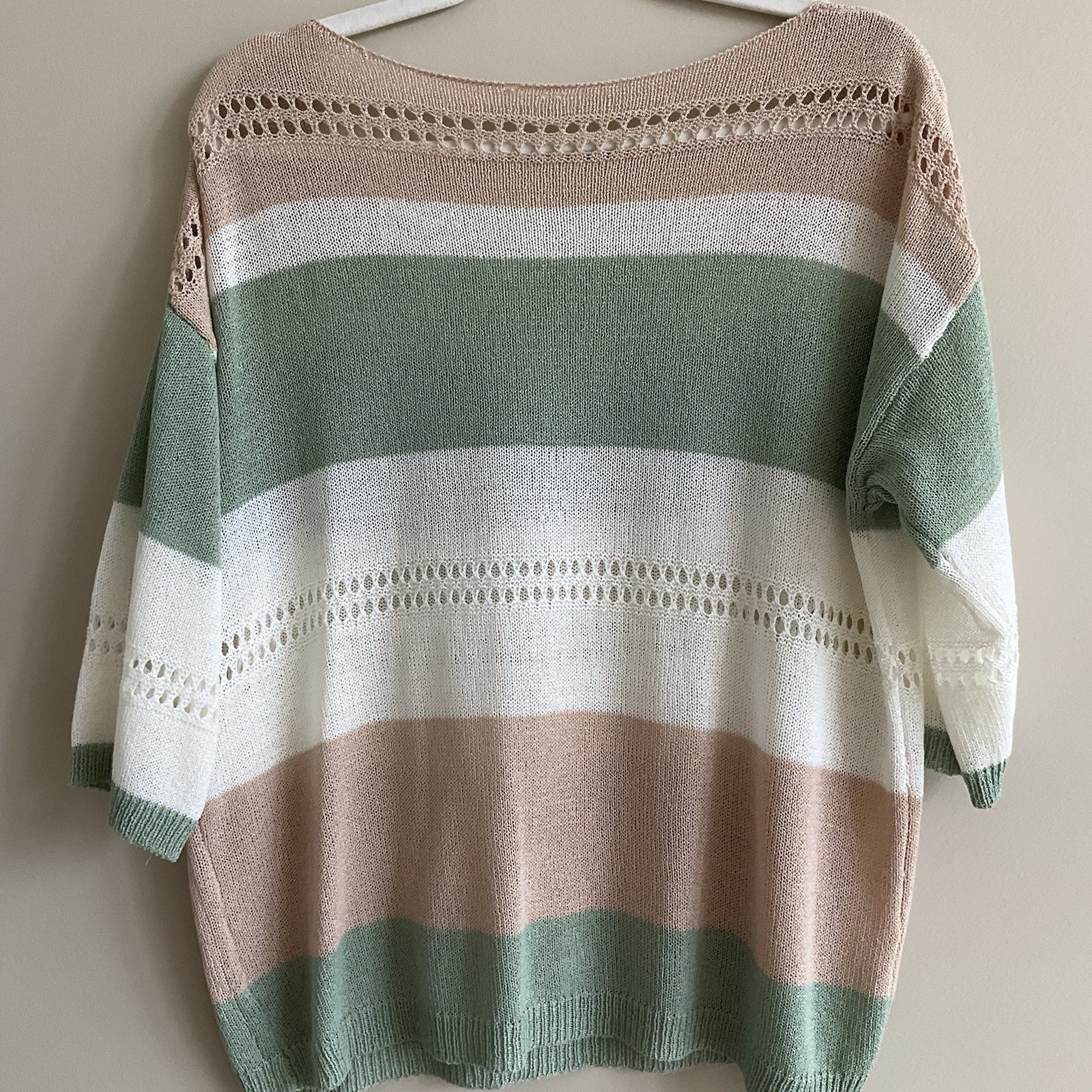 Women’s Oversized Open Knit Short Sleeve Sweater Top Green Beige Striped Size M