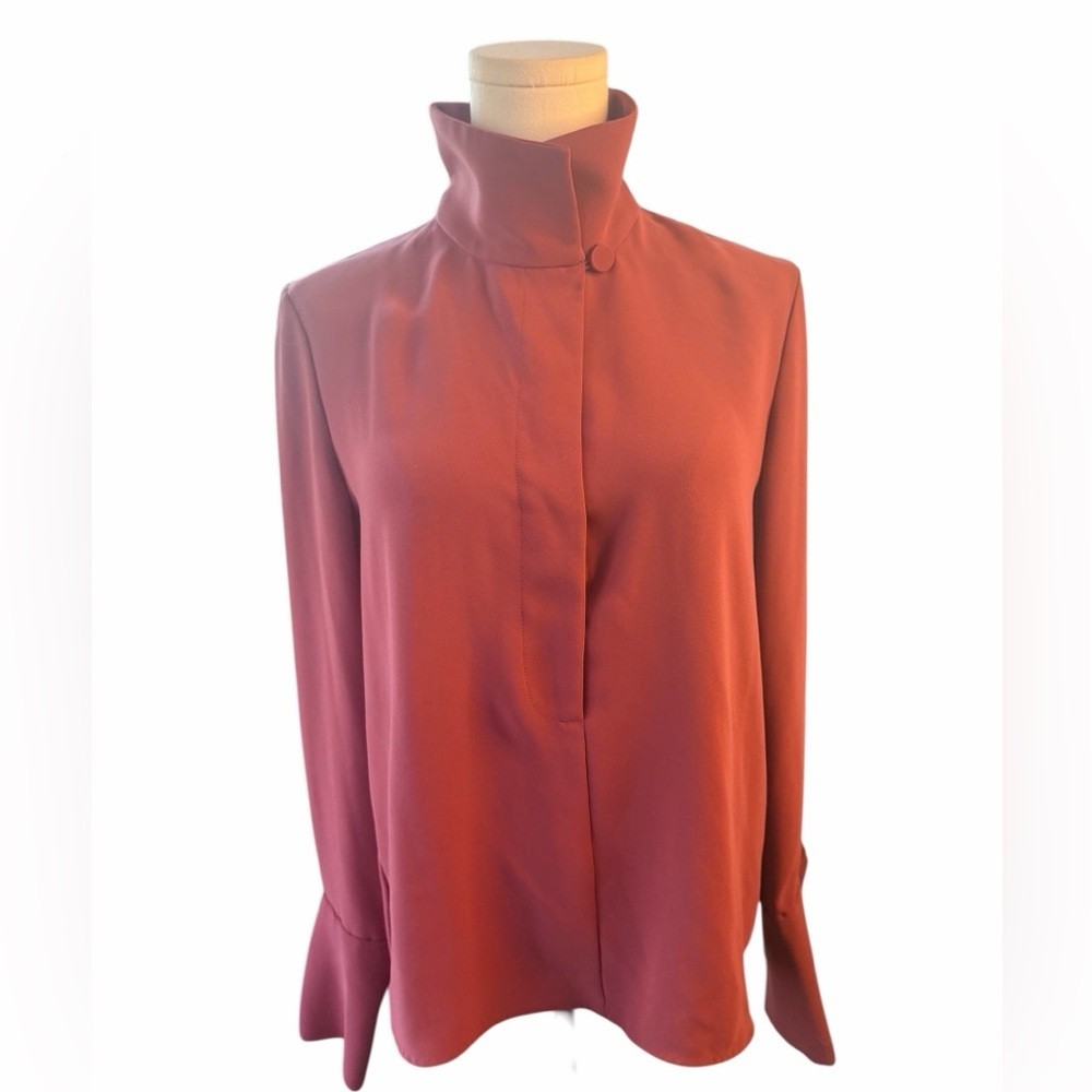 Babaton Funnel Neck Blouse S Mauve Satin Minimalist Chic Hidden Placket Top